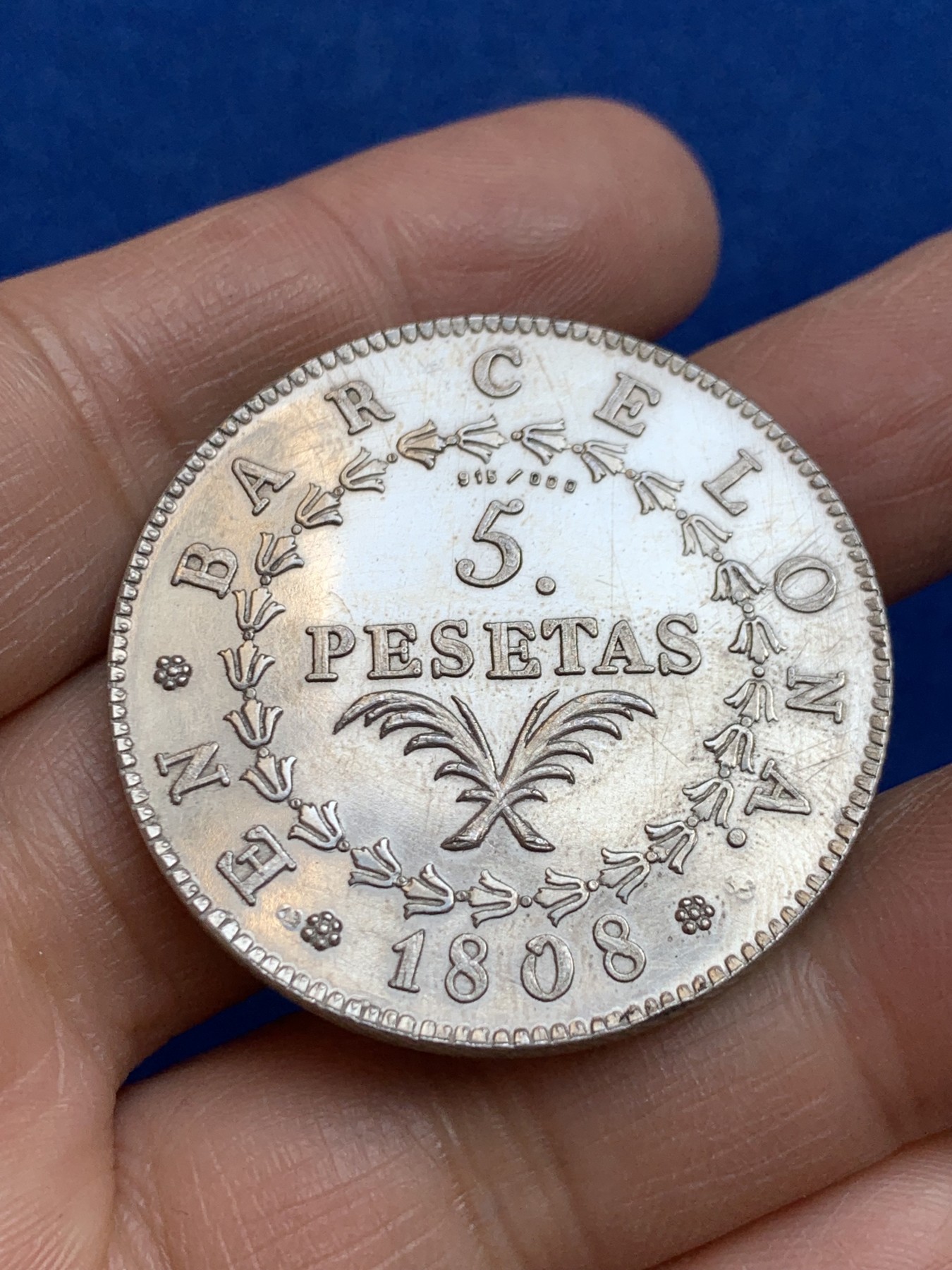 《竞宝斋》第238场-周日，周一，周二，周三 疯狂4连拍 (全场包邮) 西班牙 1973年 纪念巴塞罗那5比塞塔 银章 26.91克 39.7mm