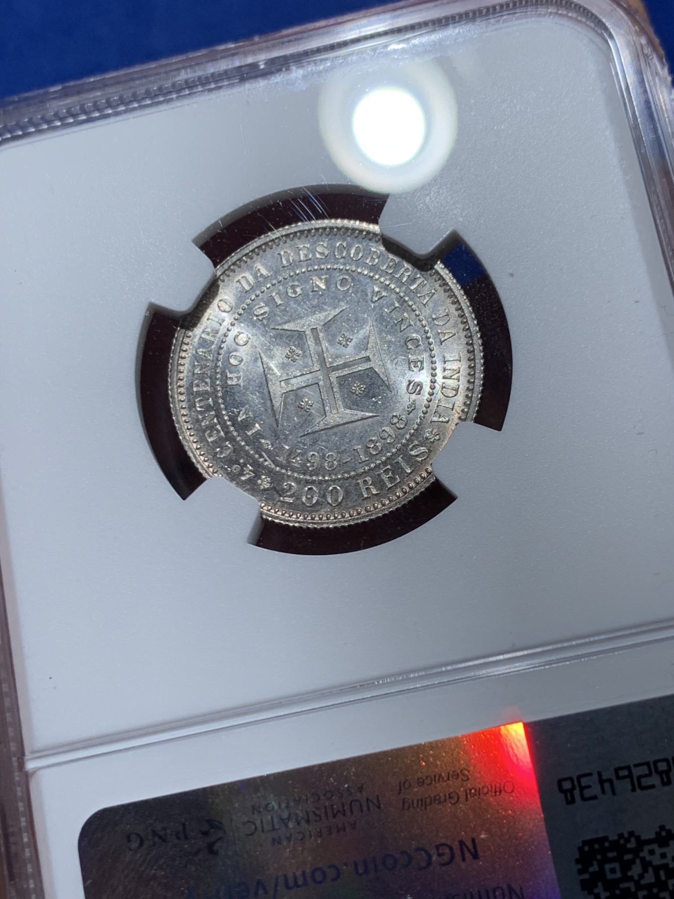 《竞宝斋》第238场-周日，周一，周二，周三 疯狂4连拍 (全场包邮) NGC MS62 葡萄牙1898年发现印度400周年200瑞斯银币