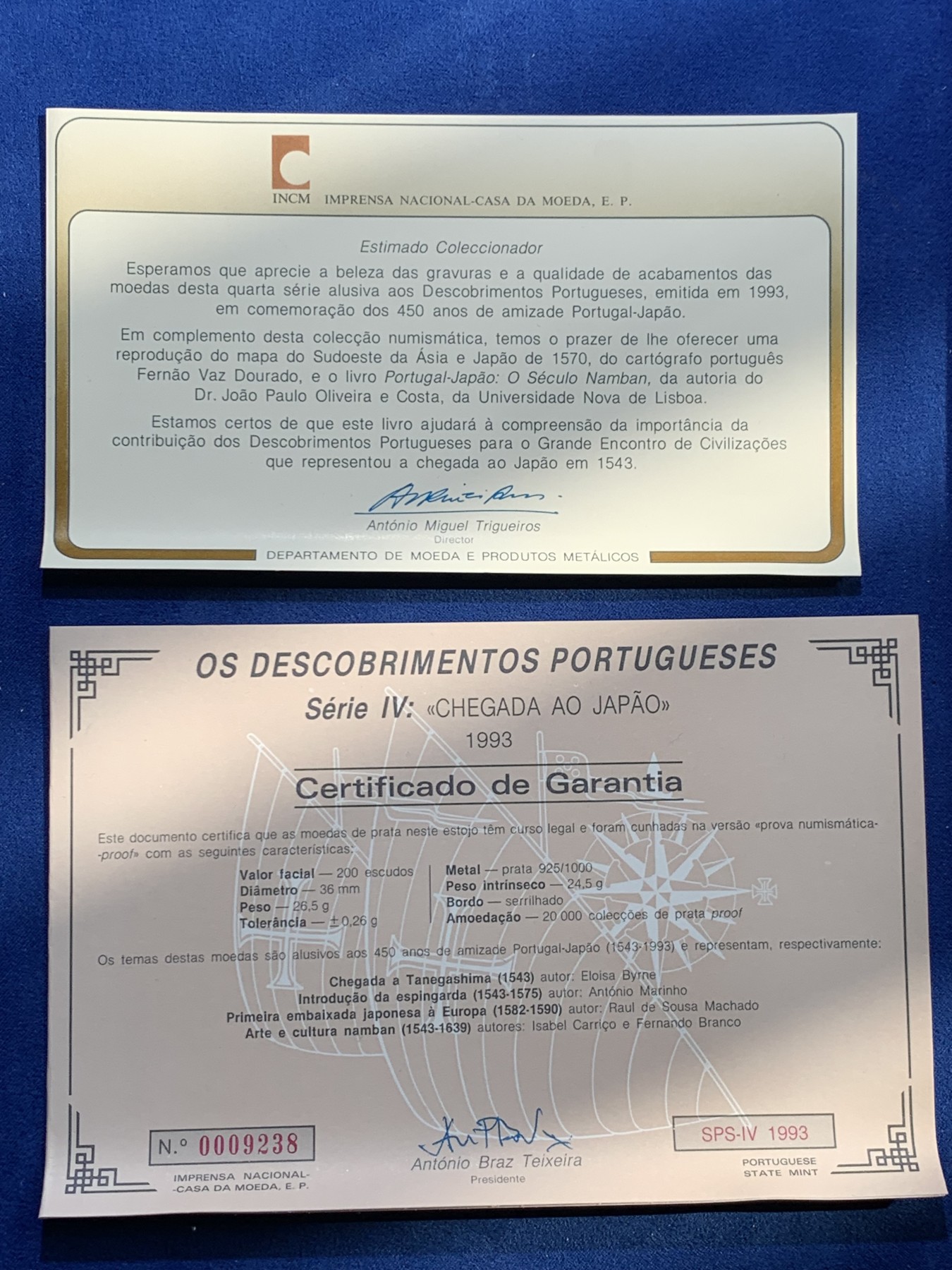 《竞宝斋》第238场-周日，周一，周二，周三 疯狂4连拍 (全场包邮) 原盒证书 葡萄牙 1993年葡日友好450周年纪念 200埃斯库多精制大银币 4枚套 单枚26.5克 总重106克 925银