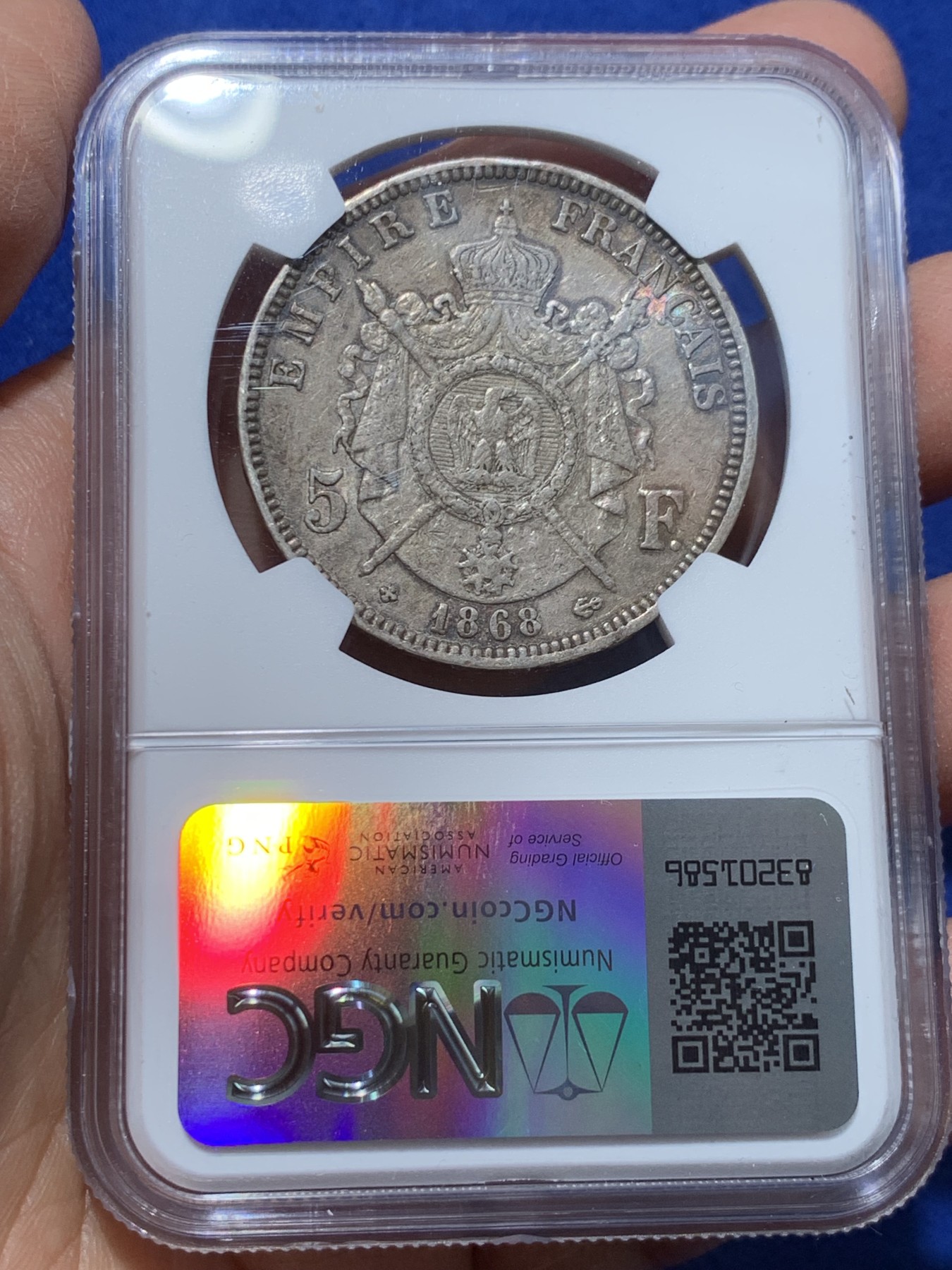 《竞宝斋》第238场-周日，周一，周二，周三 疯狂4连拍 (全场包邮) NGC XF40 法国拿破仑三世5法郎银币 少见1868BB