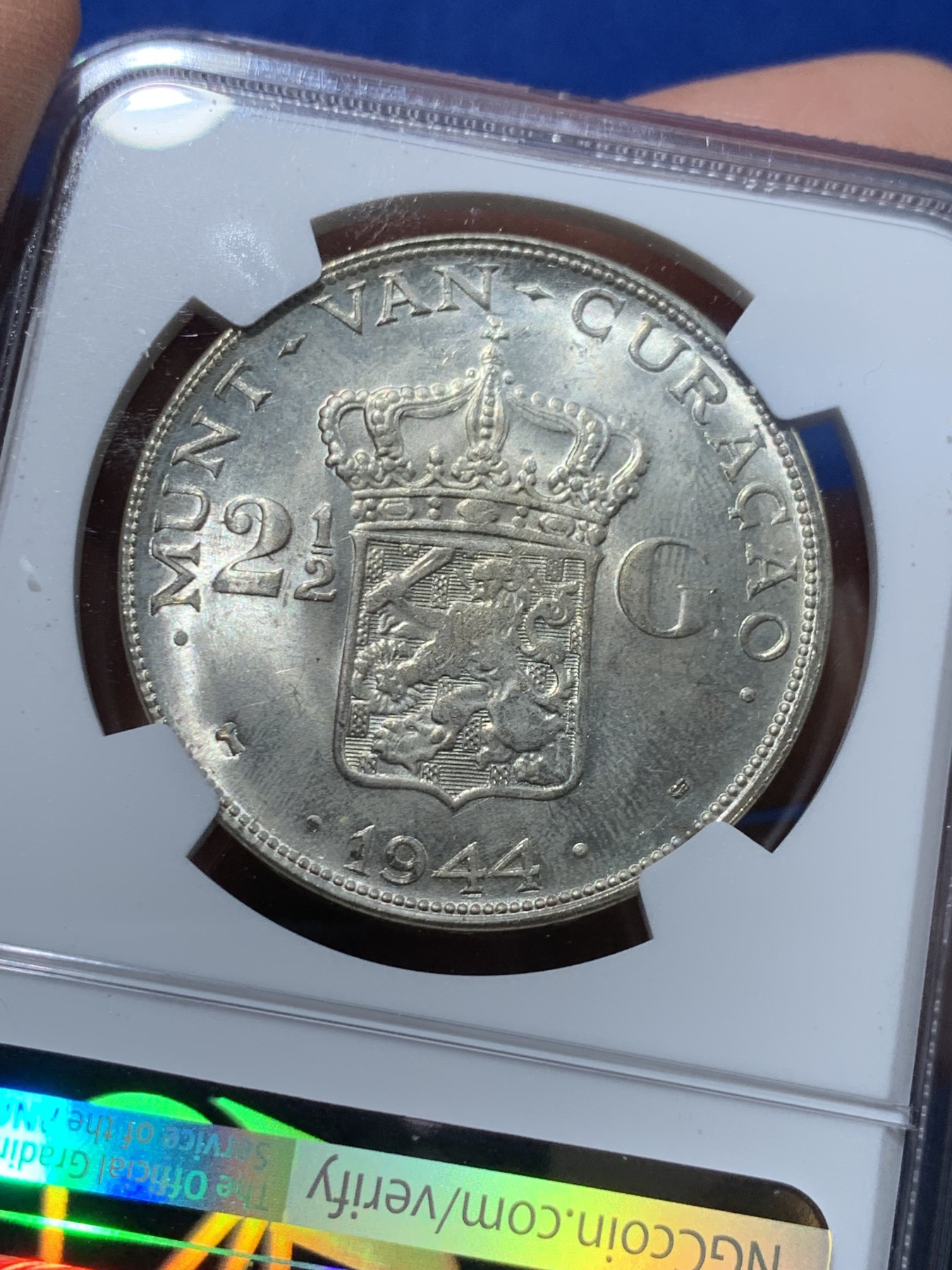 《竞宝斋》第238场-周日，周一，周二，周三 疯狂4连拍 (全场包邮) NGC MS63 荷属库拉索1944D女王威廉明娜2.5盾大银币