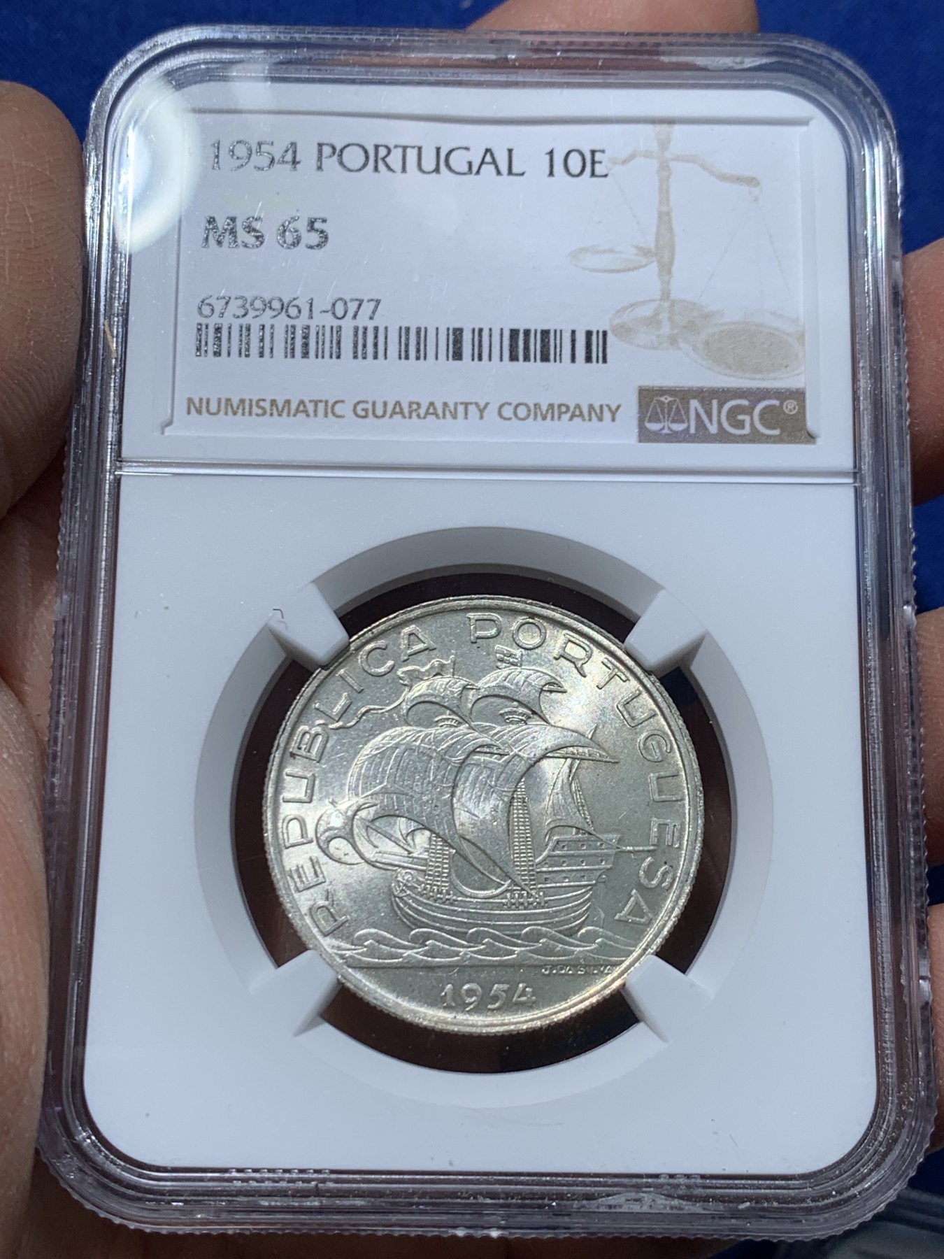 《竞宝斋》第238场-周日，周一，周二，周三 疯狂4连拍 (全场包邮) NGC MS65 葡萄牙1954年大帆船10埃斯库多银币