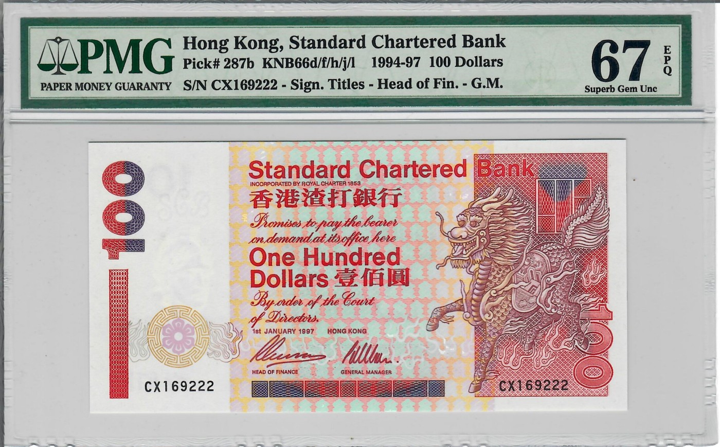 大中华拍卖第733期 香港渣打银行97100豹子2 CX169222