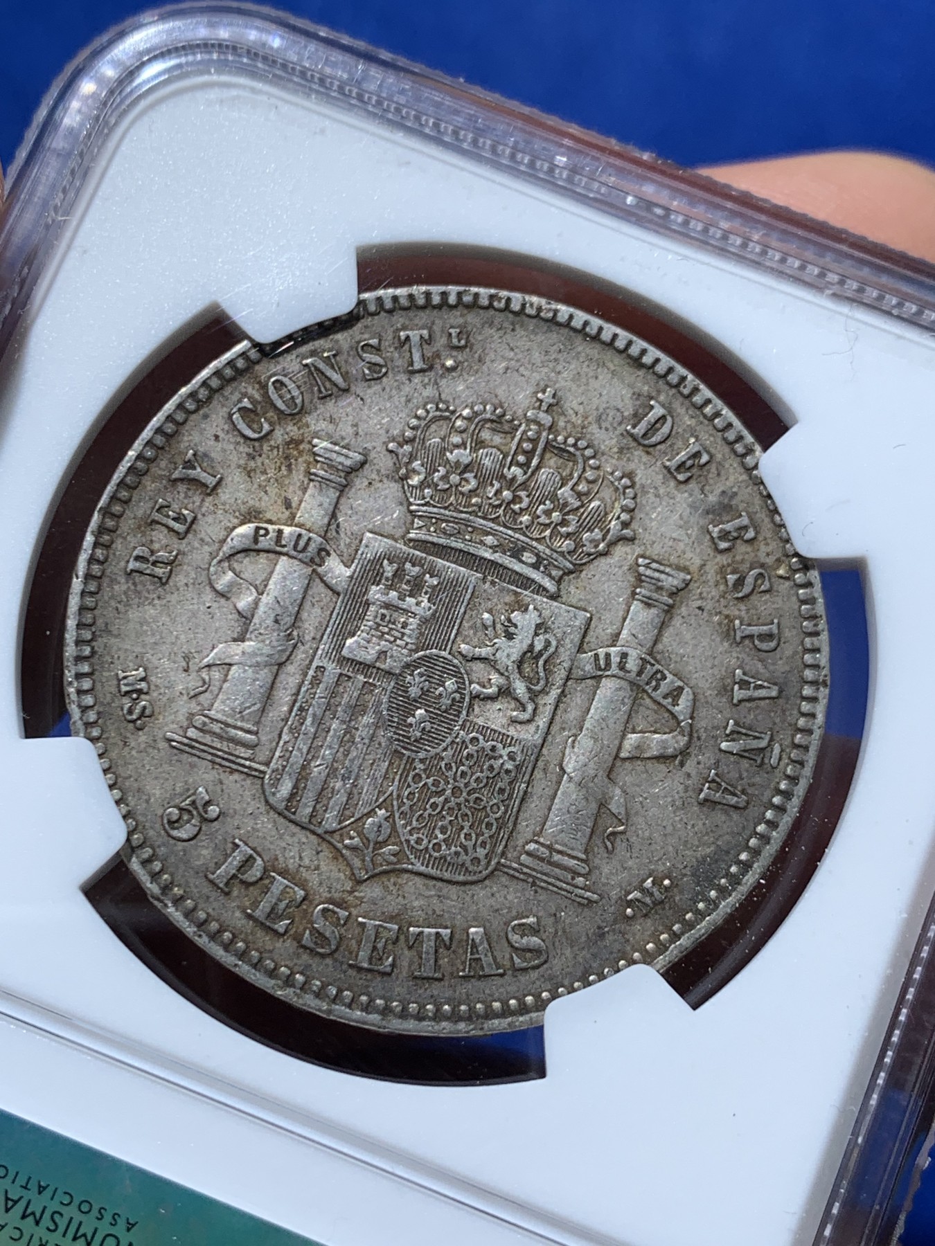 《竞宝斋》第238场-周日，周一，周二，周三 疯狂4连拍 (全场包邮) NGC-XF40 西班牙1885年 阿方索十二世 5比塞塔双柱大银币