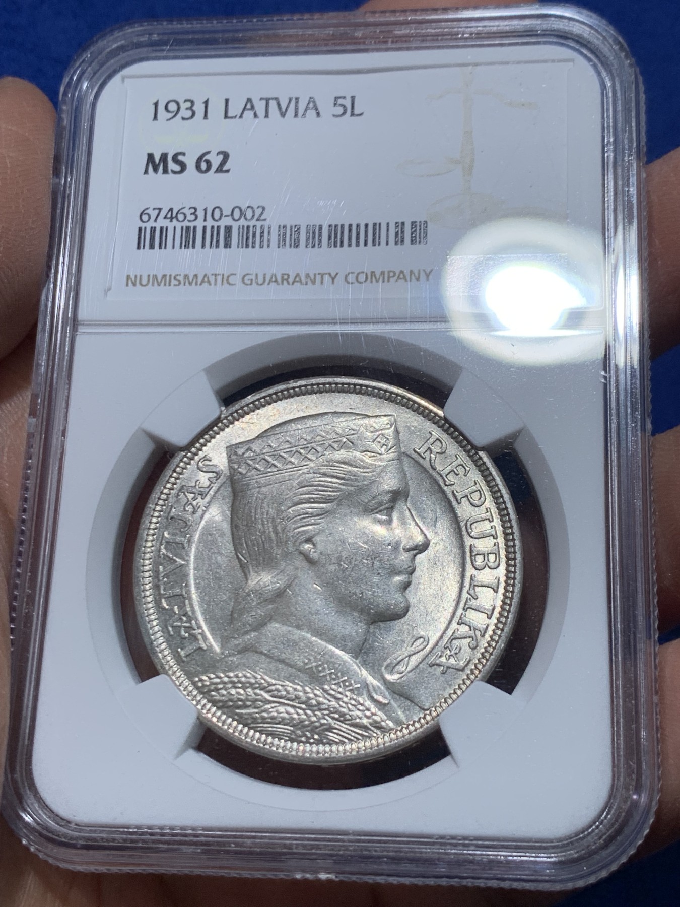 《竞宝斋》第238场-周日，周一，周二，周三 疯狂4连拍 (全场包邮) NGC MS62 拉脱维亚 1931年 谷物女神 5拉特大银币