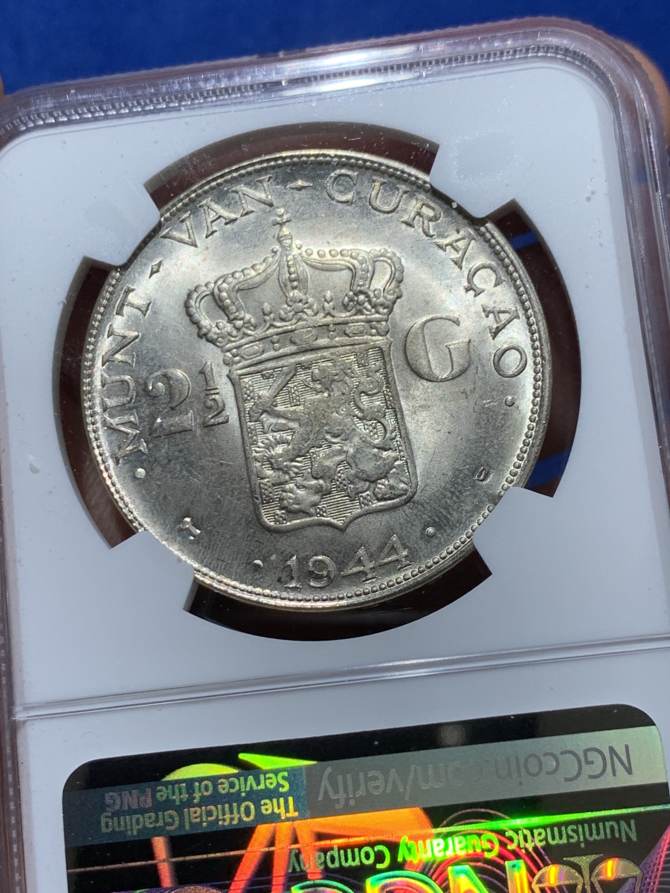 《竞宝斋》第238场-周日，周一，周二，周三 疯狂4连拍 (全场包邮) NGC MS63 荷属库拉索1944D女王威廉明娜2.5盾大银币