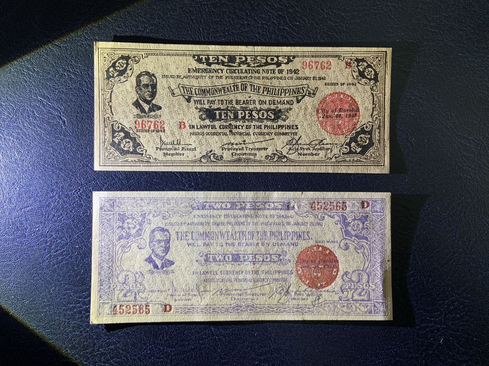 收藏联盟Quantum Auction 第320期拍卖  菲律宾1942年抗日时期内格罗斯岛10和2比索 品相分别为UNC-和UNC
