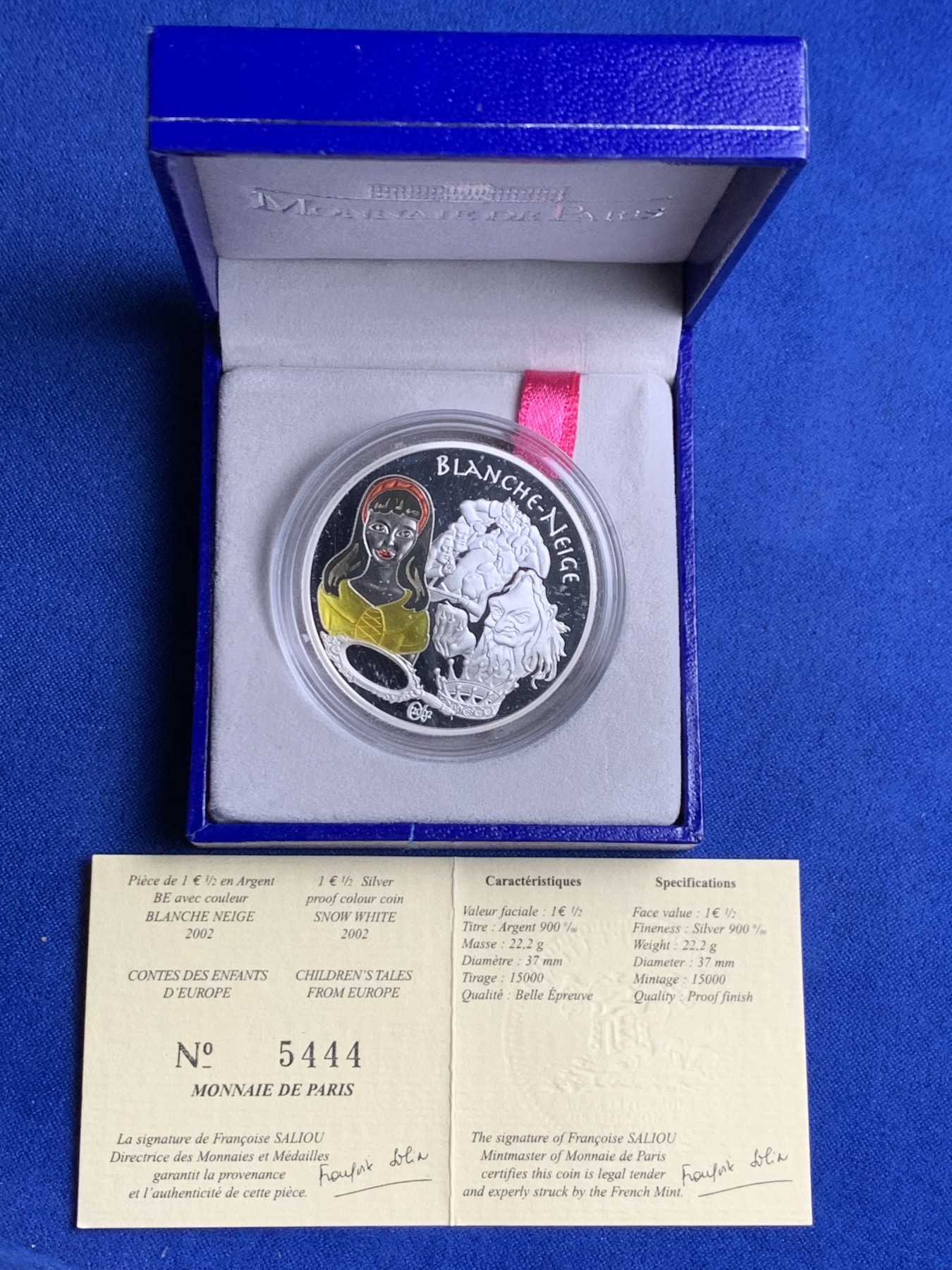 《竞宝斋》第238场-周日，周一，周二，周三 疯狂4连拍 (全场包邮) 法国 2002 白雪公主 1½欧元 彩印纪念币 22.2克