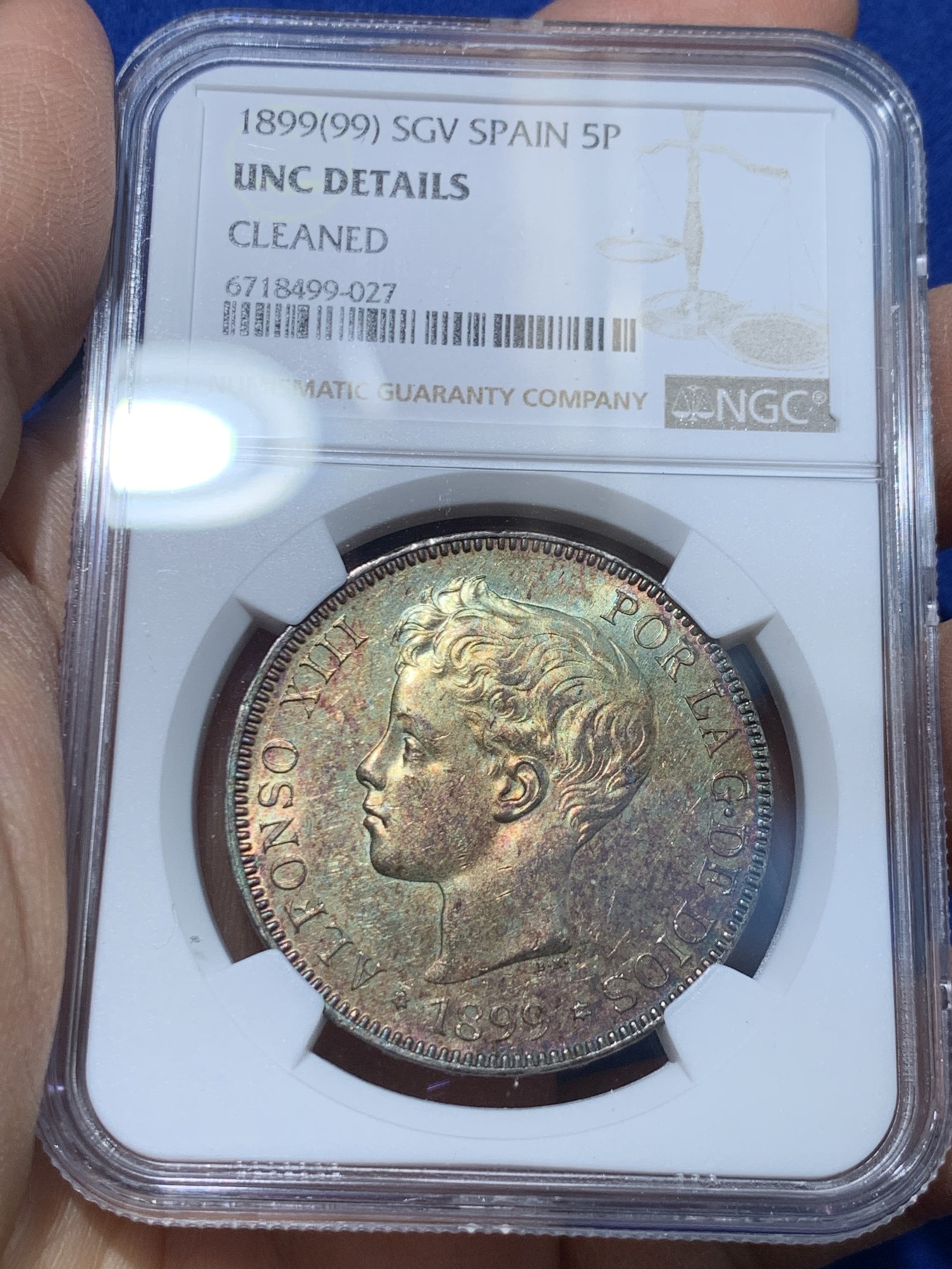 《竞宝斋》第238场-周日，周一，周二，周三 疯狂4连拍 (全场包邮) NGC UNC 西班牙1899年 国王阿方索十三世 小孩头 双柱 5比塞塔银币 