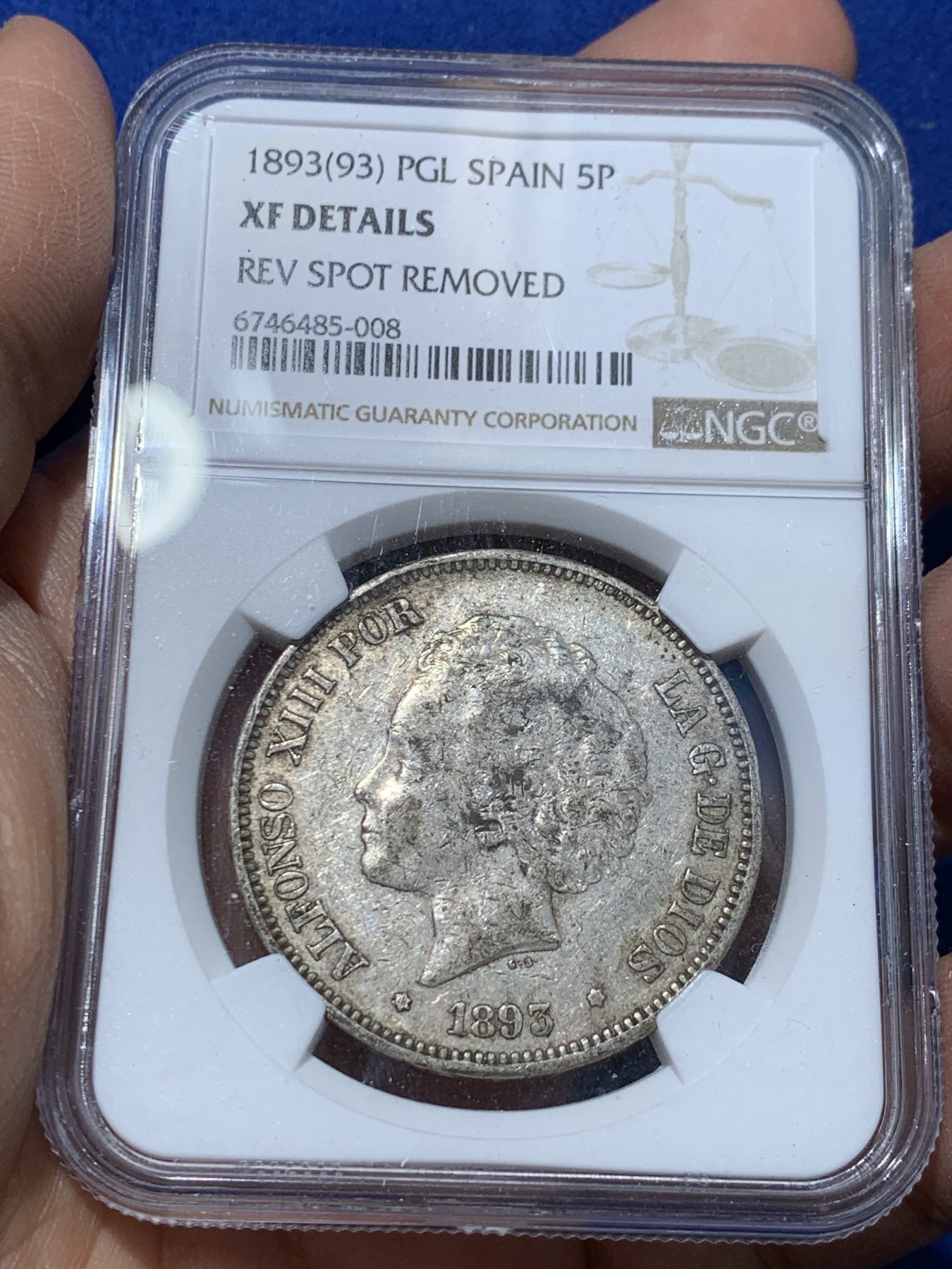 《竞宝斋》第238场-周日，周一，周二，周三 疯狂4连拍 (全场包邮) NGC-XFD 西班牙1893年 阿方索十三世 5比塞塔爆炸头 双柱大银币