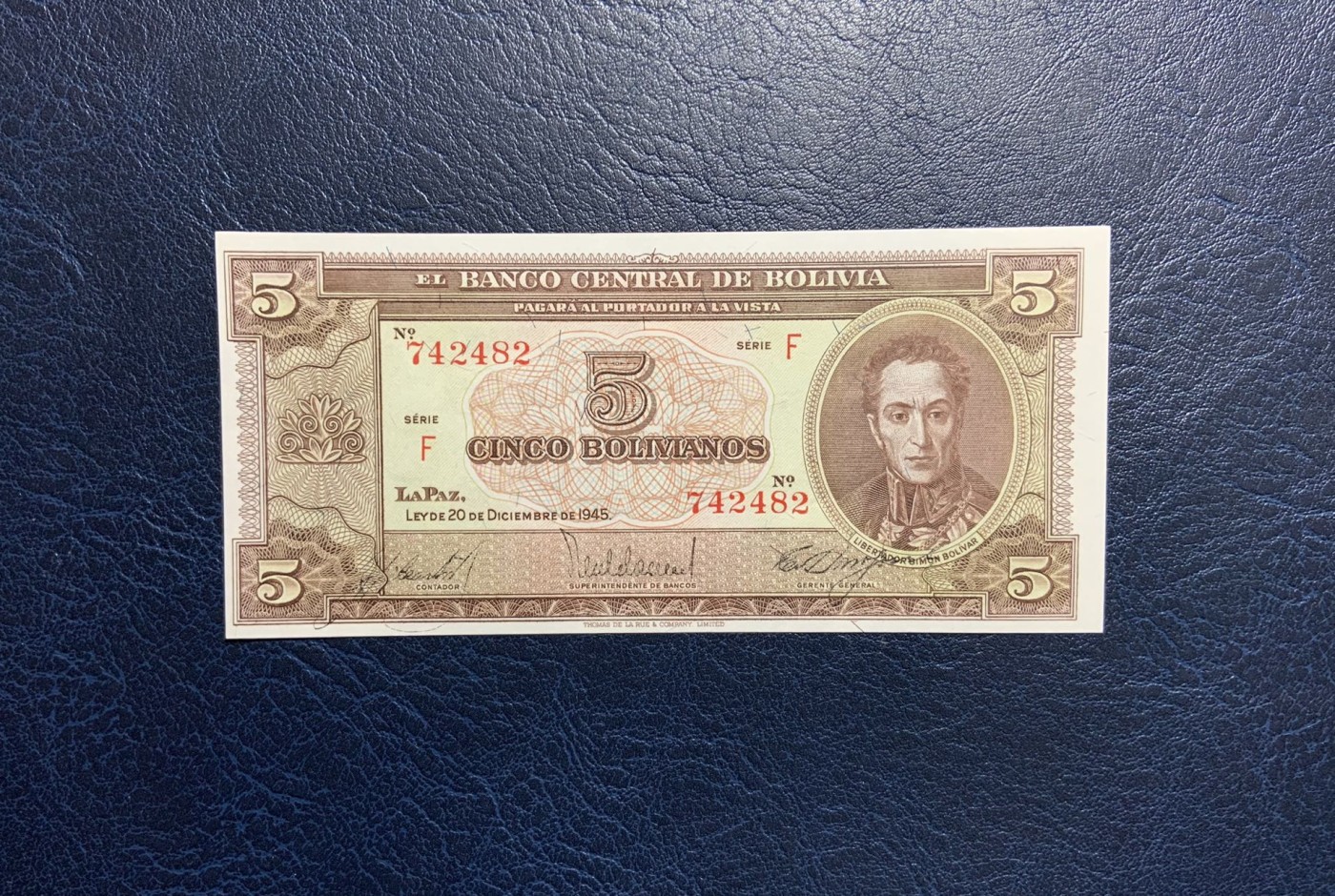 收藏联盟Quantum Auction 第320期拍卖  玻利维亚1945年5玻利维亚 品相UNC 国父玻利维亚