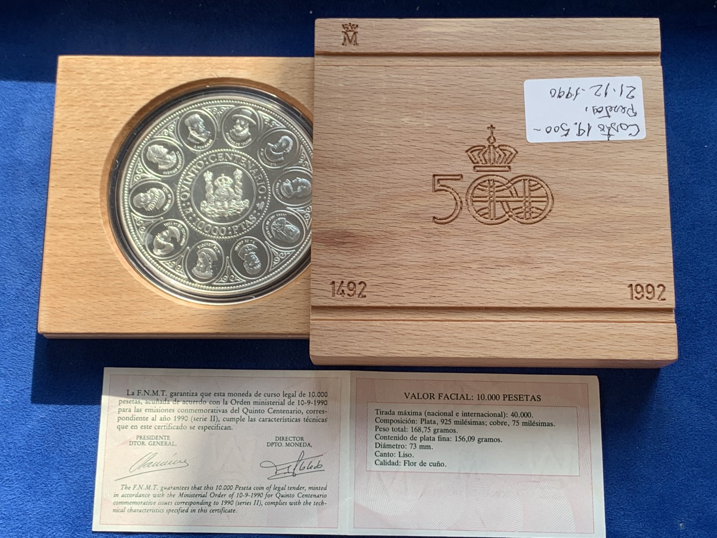 《竞宝斋》第238场-周日，周一，周二，周三 疯狂4连拍 (全场包邮) 西班牙 1990年 皇室家谱和诺贝尔获奖者图谱 10000比塞塔 168.75克 0.925银 精制