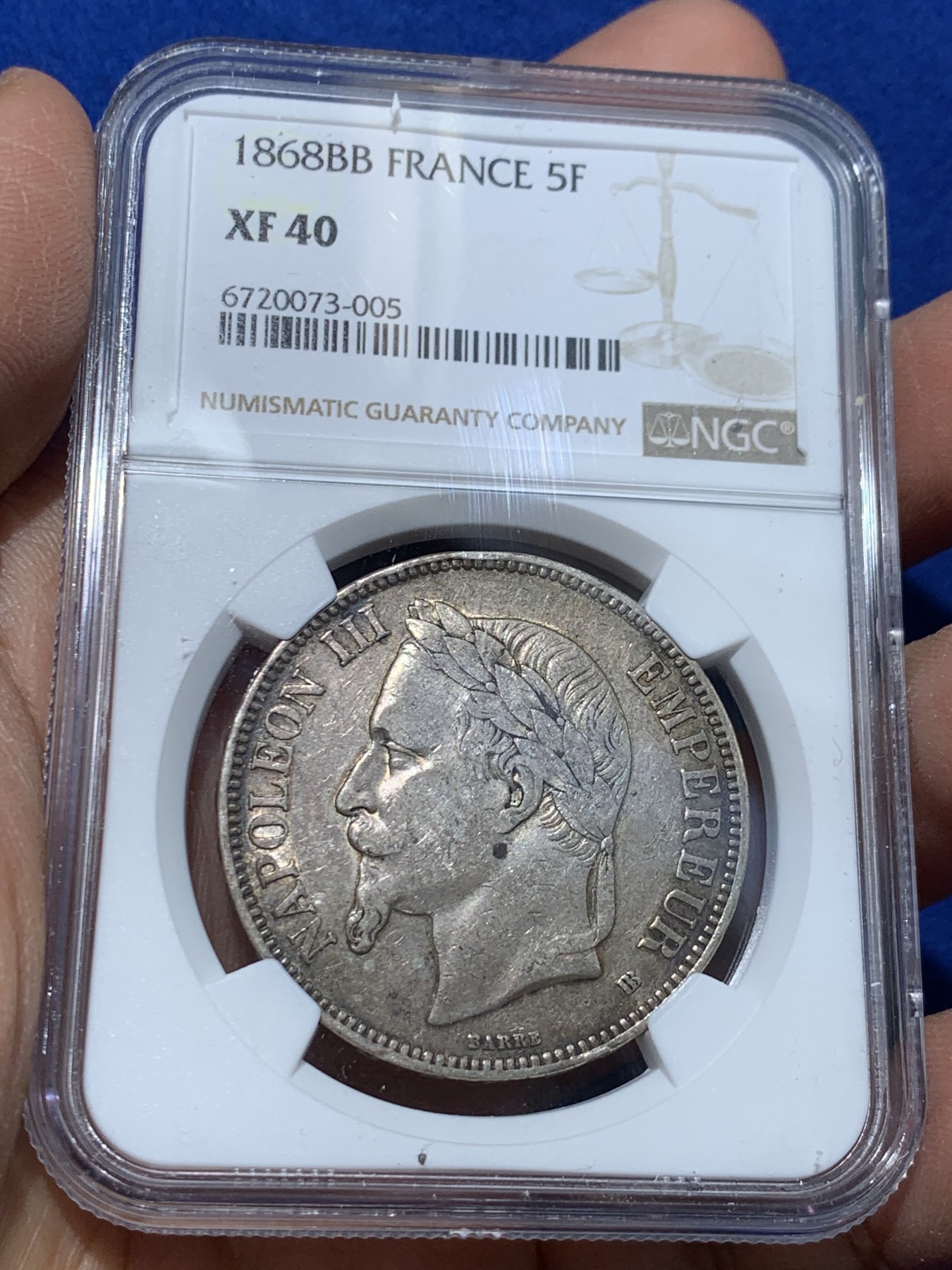 《竞宝斋》第238场-周日，周一，周二，周三 疯狂4连拍 (全场包邮) NGC XF40 法国拿破仑三世5法郎银币 少见1868BB