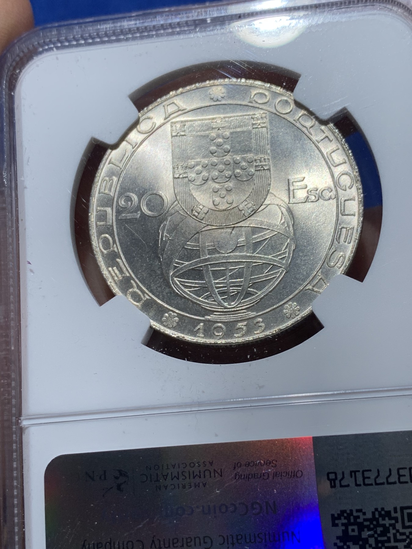 《竞宝斋》第238场-周日，周一，周二，周三 疯狂4连拍 (全场包邮) NGC MS65 葡萄牙1953年金融改革制度25周年20埃斯库多大银币