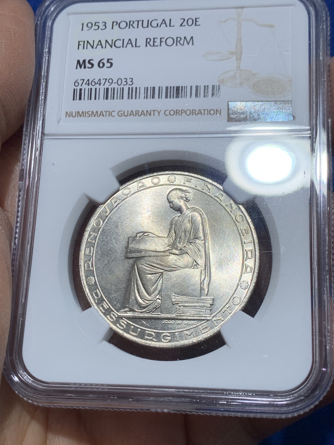 《竞宝斋》第238场-周日，周一，周二，周三 疯狂4连拍 (全场包邮) NGC MS65 葡萄牙1953年金融改革制度25周年20埃斯库多大银币