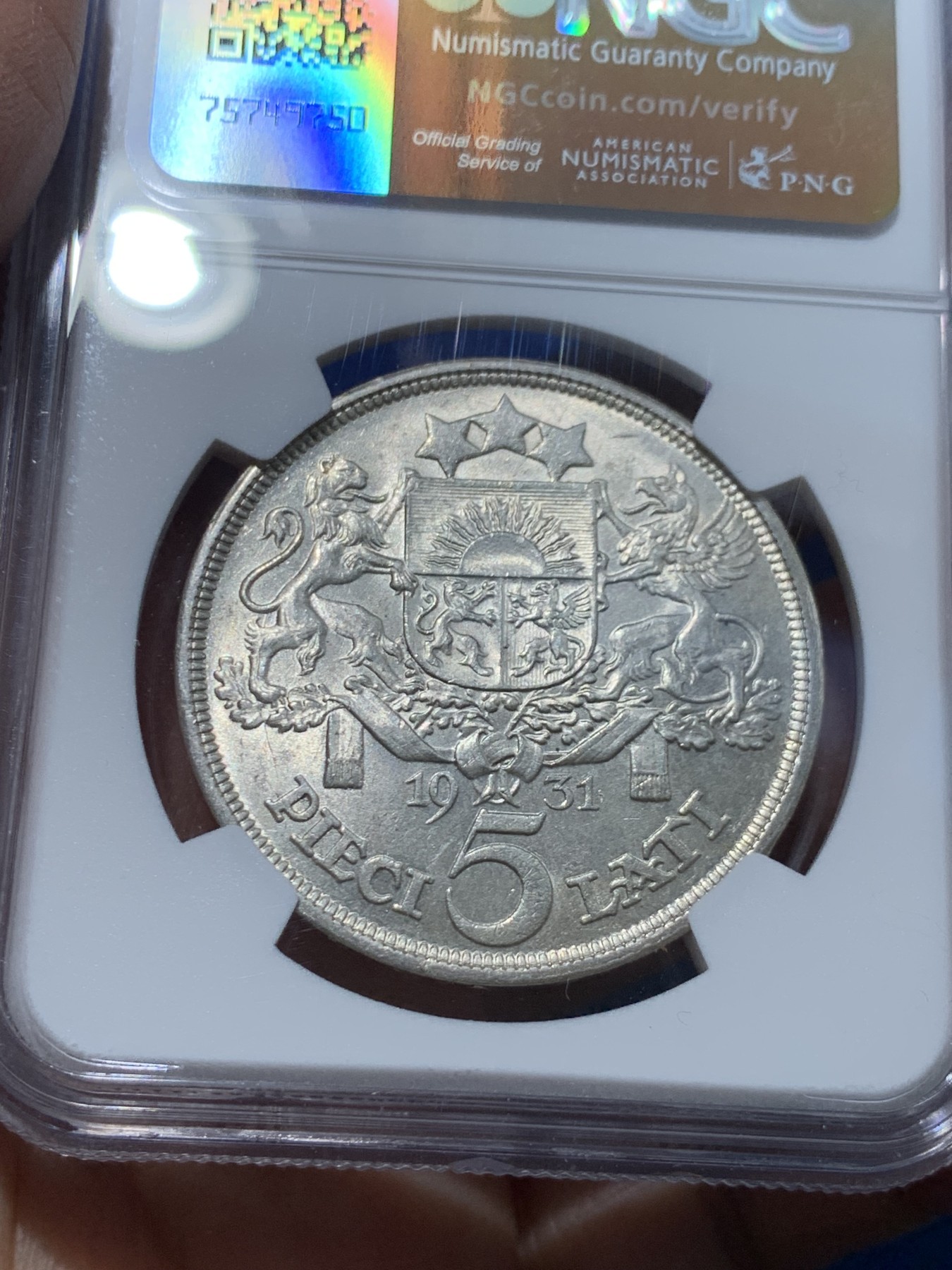 《竞宝斋》第238场-周日，周一，周二，周三 疯狂4连拍 (全场包邮) NGC MS62 拉脱维亚 1931年 谷物女神 5拉特大银币