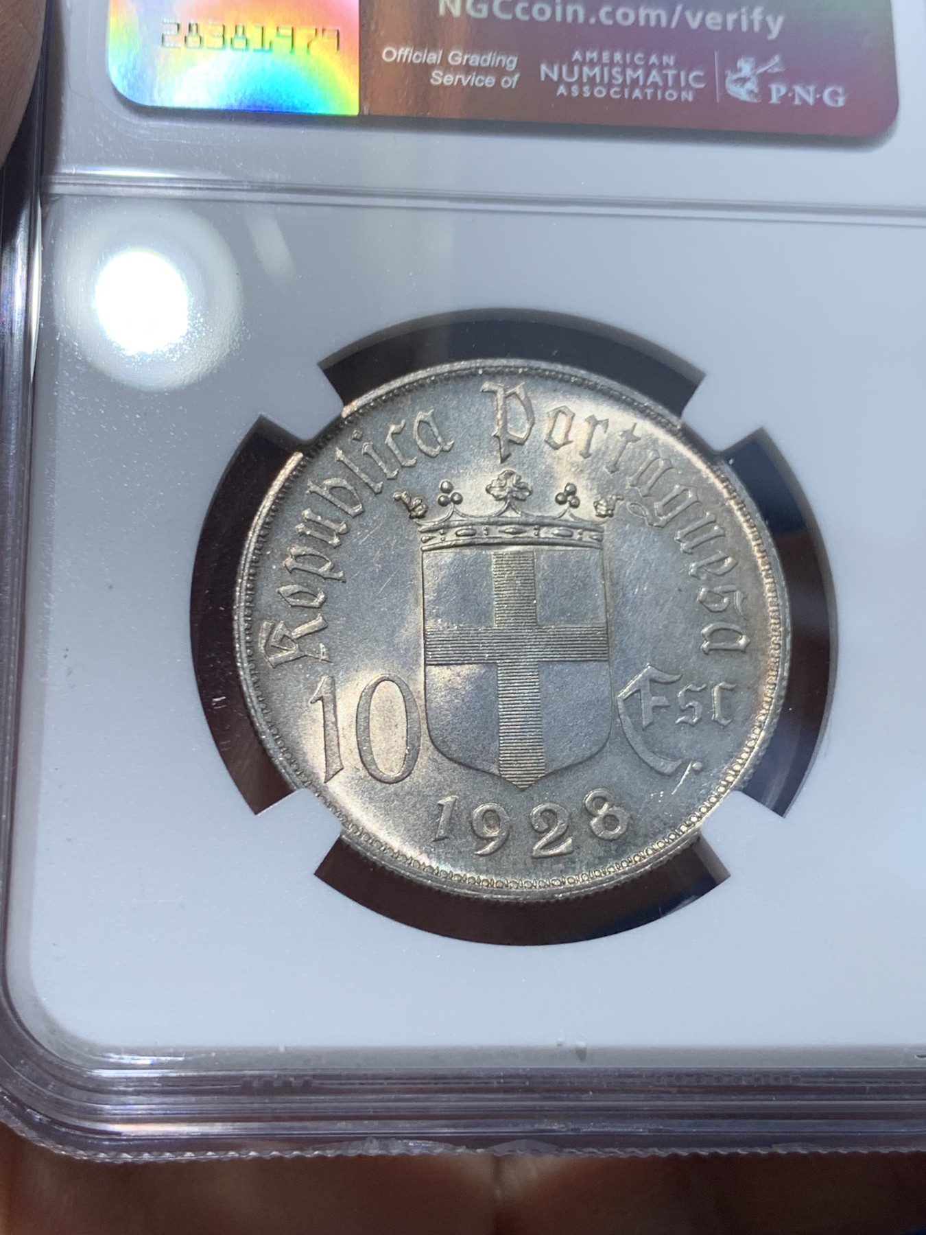 《竞宝斋》第238场-周日，周一，周二，周三 疯狂4连拍 (全场包邮) NGC MS63 葡萄牙1928年马剑10埃斯库多银币