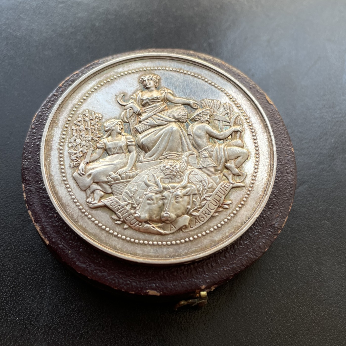 「木头集藏」章牌专场-第37期 法国农业原盒银章  直径：51mm，48.7g  边铭：菱形厂标 野猪头银标 ARGENT  950/1000，品相不错，原盒正常使用