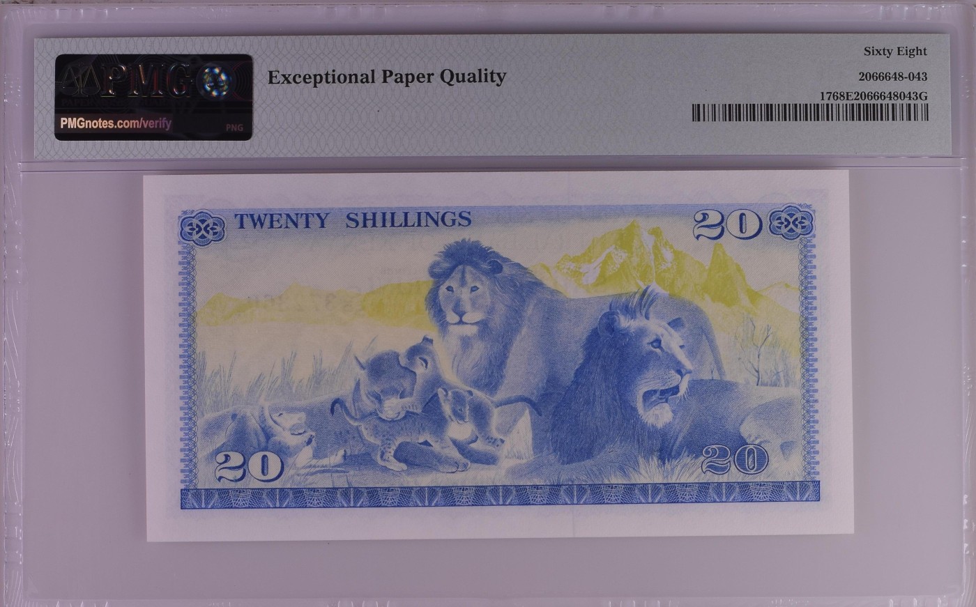 收藏联盟Quantum Auction 第320期拍卖  肯尼亚1978年20先令 PMG68 号码无4 冠军分