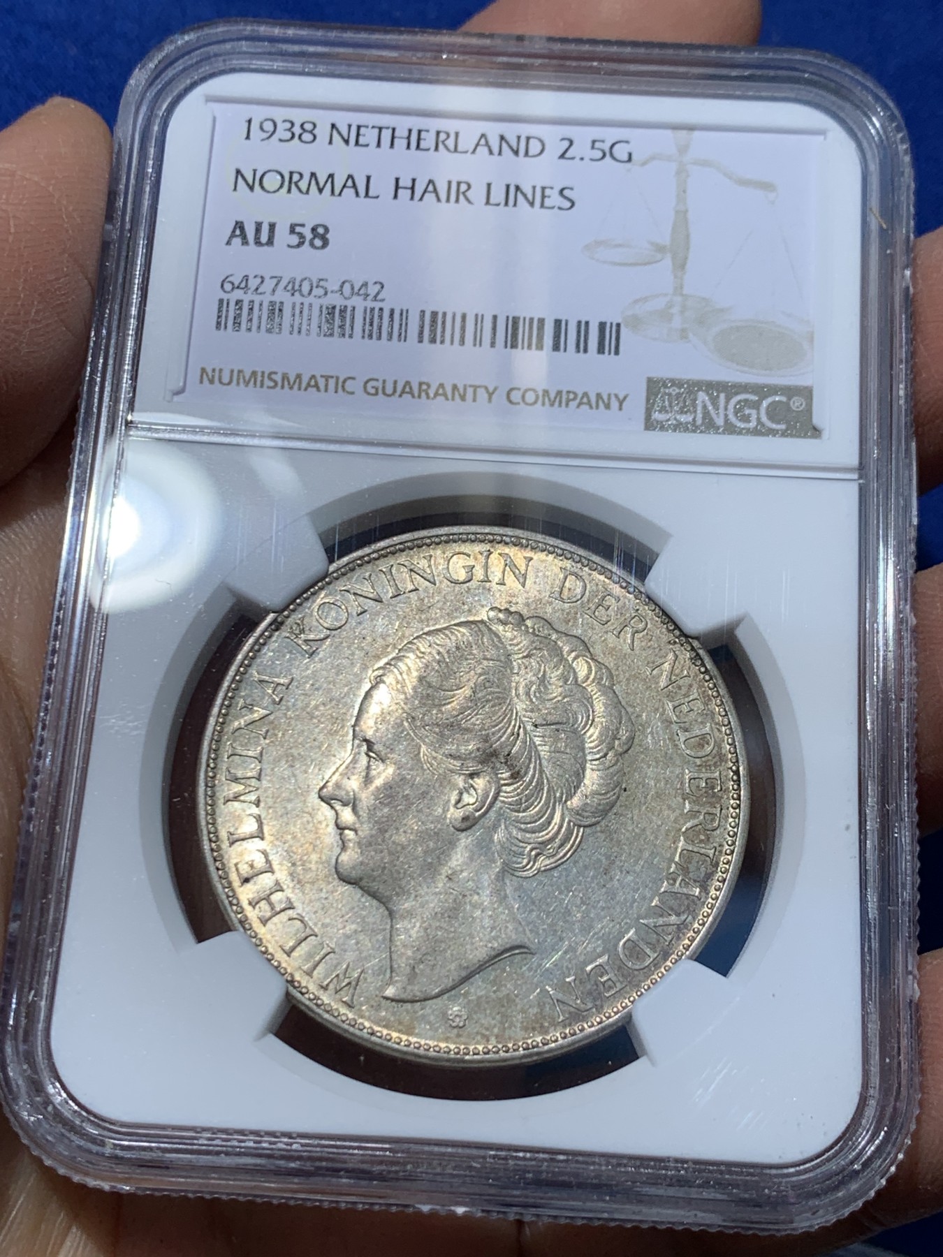 《竞宝斋》第238场-周日，周一，周二，周三 疯狂4连拍 (全场包邮) NGC AU58 荷兰1938年威廉明娜女王2.5盾大银币