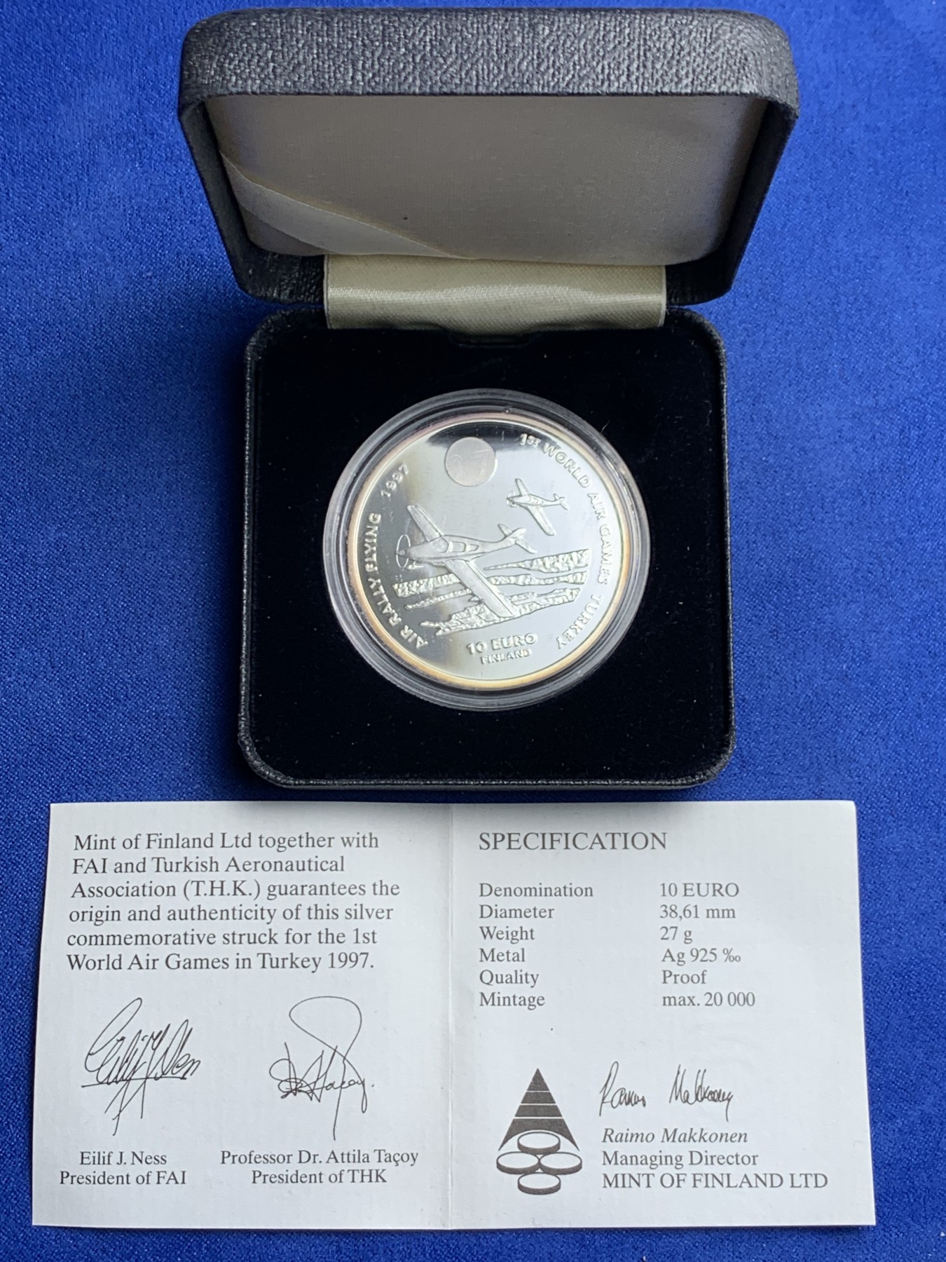 《竞宝斋》第238场-周日，周一，周二，周三 疯狂4连拍 (全场包邮) 原盒证书1997年芬兰 航空展热飞机10欧元精制大银币 27克