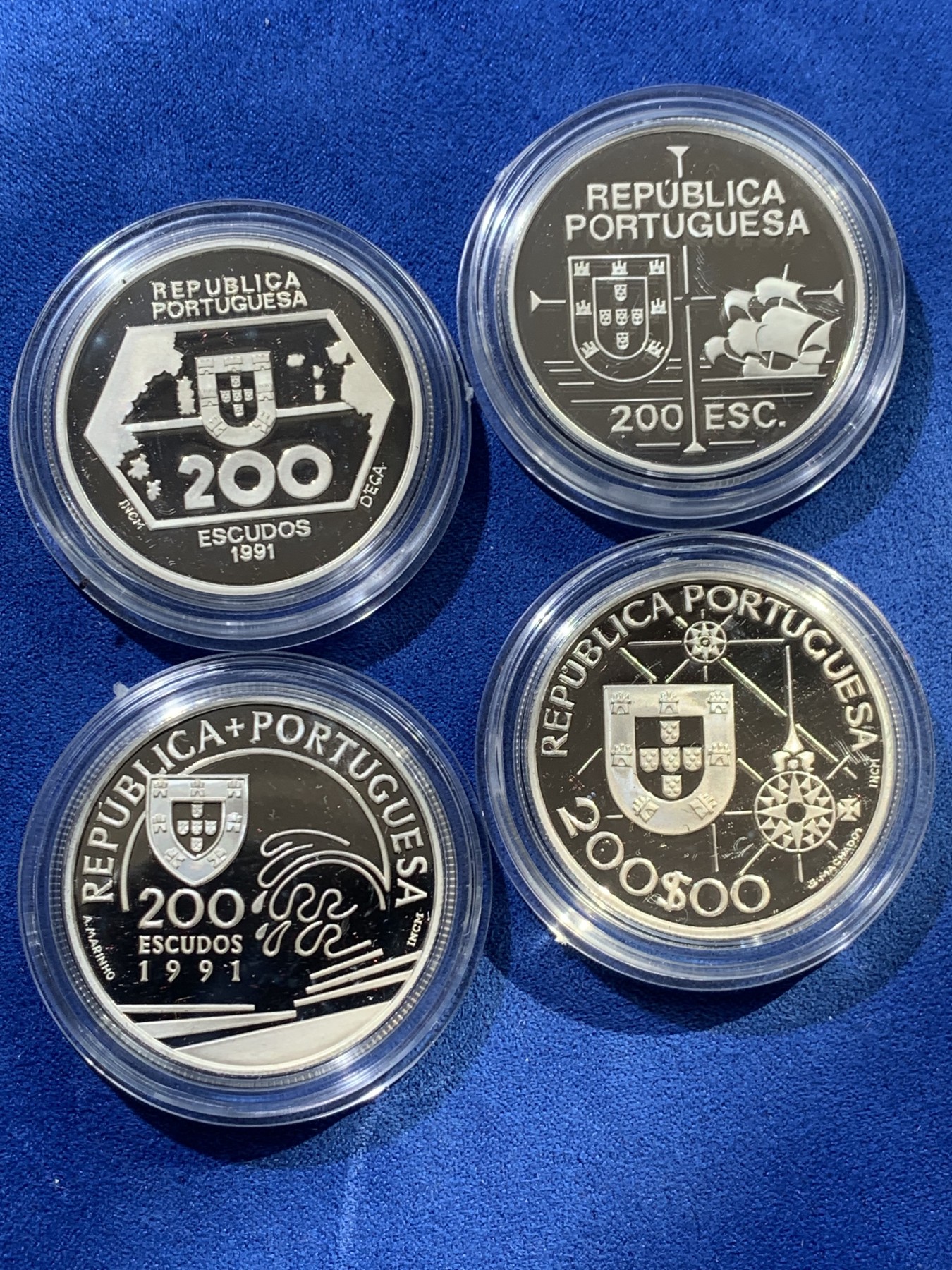 《竞宝斋》第238场-周日，周一，周二，周三 疯狂4连拍 (全场包邮) 原盒证书 葡萄牙1992年 发现新大陆帆船系列 200埃斯库多 精制大银币 单枚26.5克 4枚总重106克 925银