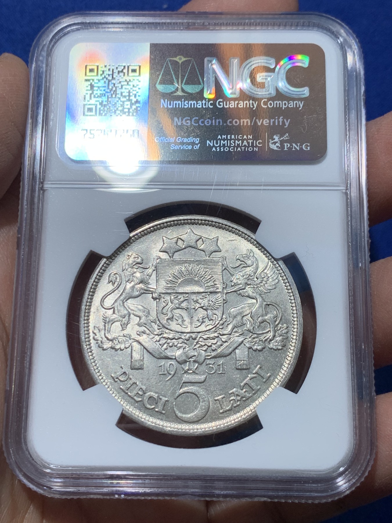 《竞宝斋》第238场-周日，周一，周二，周三 疯狂4连拍 (全场包邮) NGC MS62 拉脱维亚 1931年 谷物女神 5拉特大银币