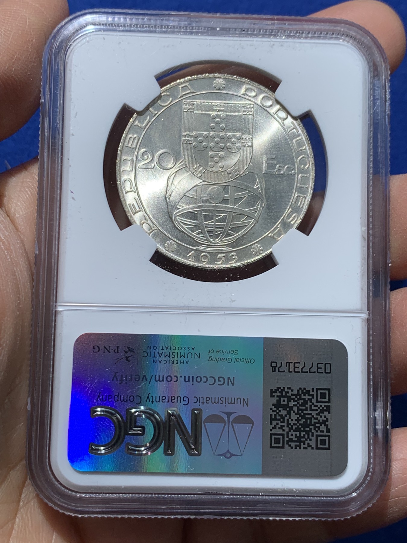 《竞宝斋》第238场-周日，周一，周二，周三 疯狂4连拍 (全场包邮) NGC MS65 葡萄牙1953年金融改革制度25周年20埃斯库多大银币