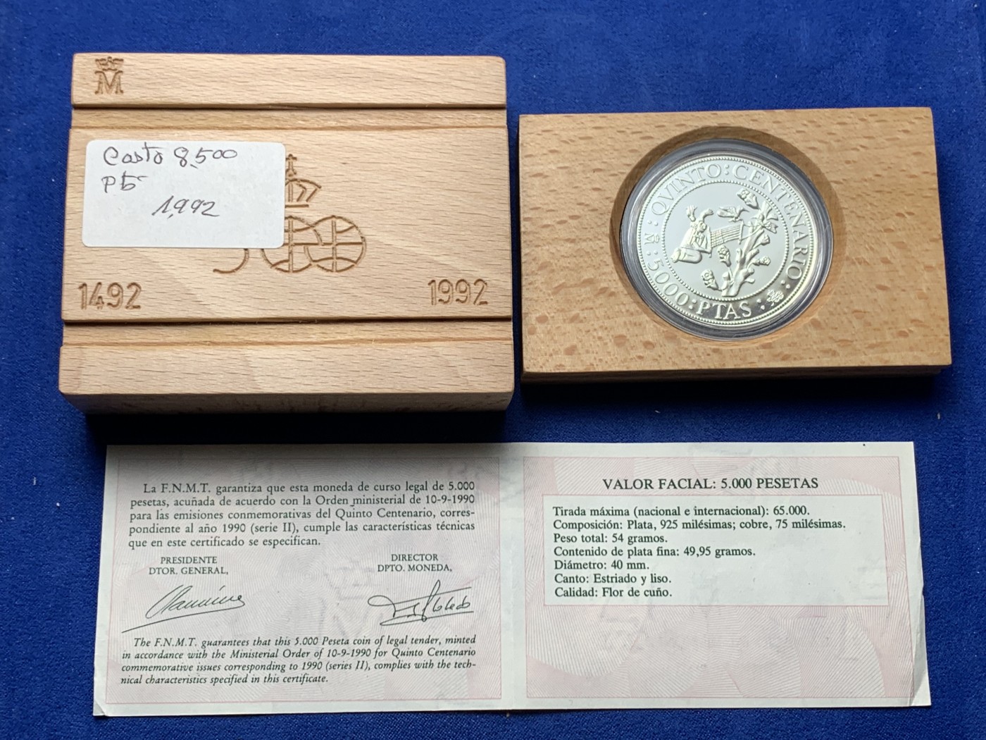 《竞宝斋》第238场-周日，周一，周二，周三 疯狂4连拍 (全场包邮) 西班牙发现新大陆五百周年纪念 1990年三人头 5000比塞塔银币 54克 925银