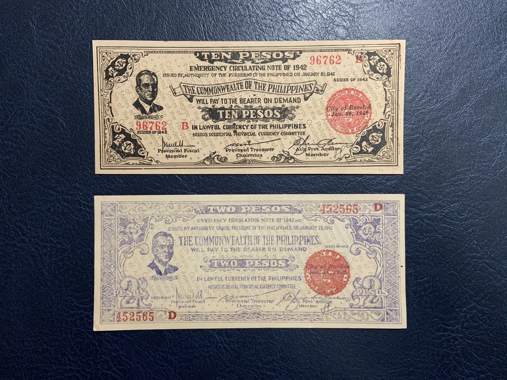 收藏联盟Quantum Auction 第320期拍卖  菲律宾1942年抗日时期内格罗斯岛10和2比索 品相分别为UNC-和UNC