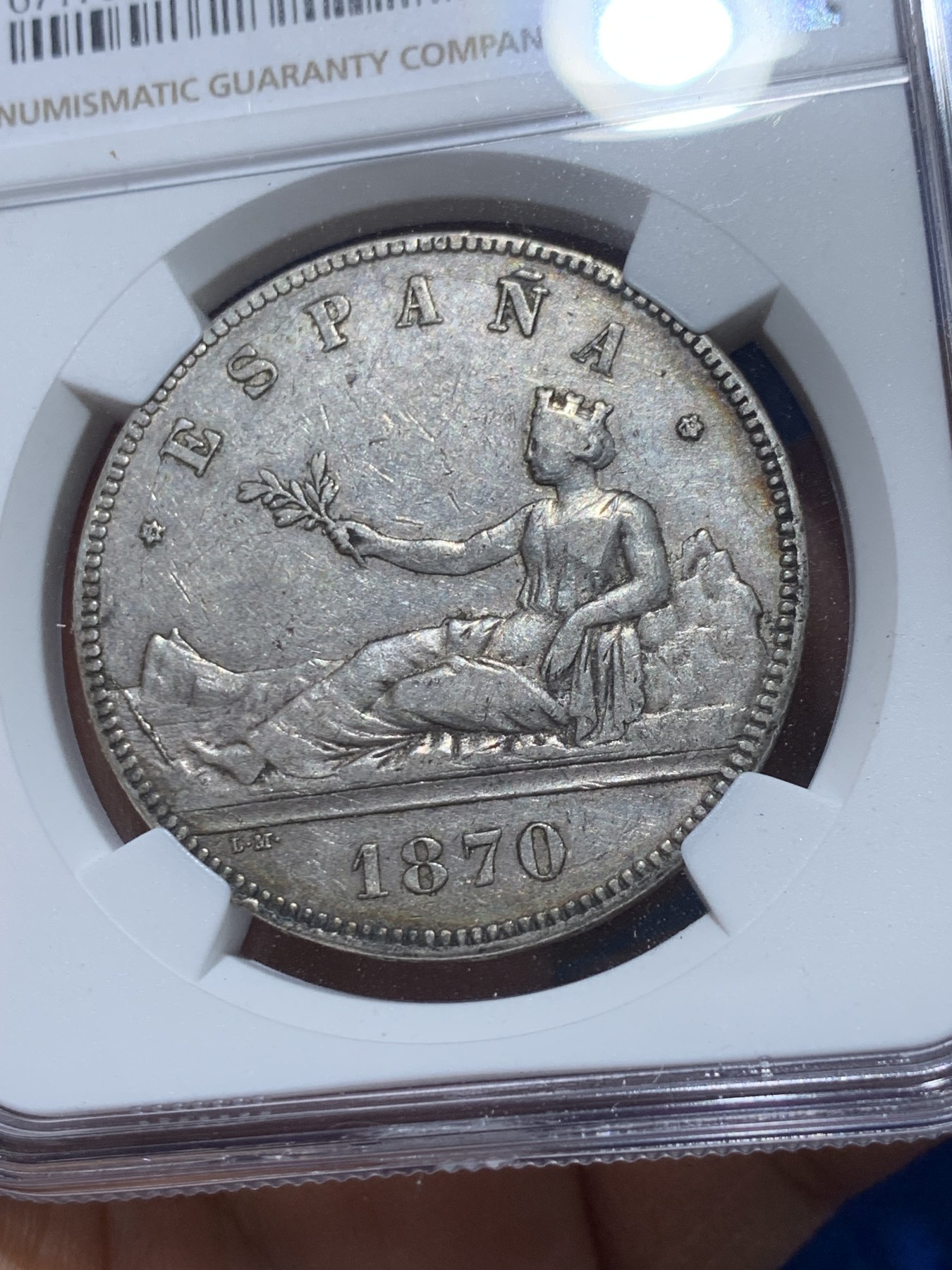 《竞宝斋》第238场-周日，周一，周二，周三 疯狂4连拍 (全场包邮) NGC XF40 西班牙1870年拿花5比塞塔双柱大银币