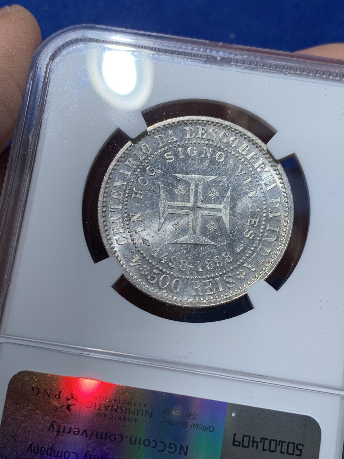 《竞宝斋》第238场-周日，周一，周二，周三 疯狂4连拍 (全场包邮) NGC MS61 葡萄牙1898年发现印度400周年500瑞斯银币