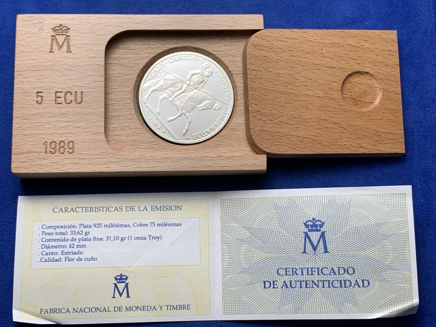 《竞宝斋》第238场-周日，周一，周二，周三 疯狂4连拍 (全场包邮) 西班牙1989年 骑士5ECU大银币 33.6克 原盒证书