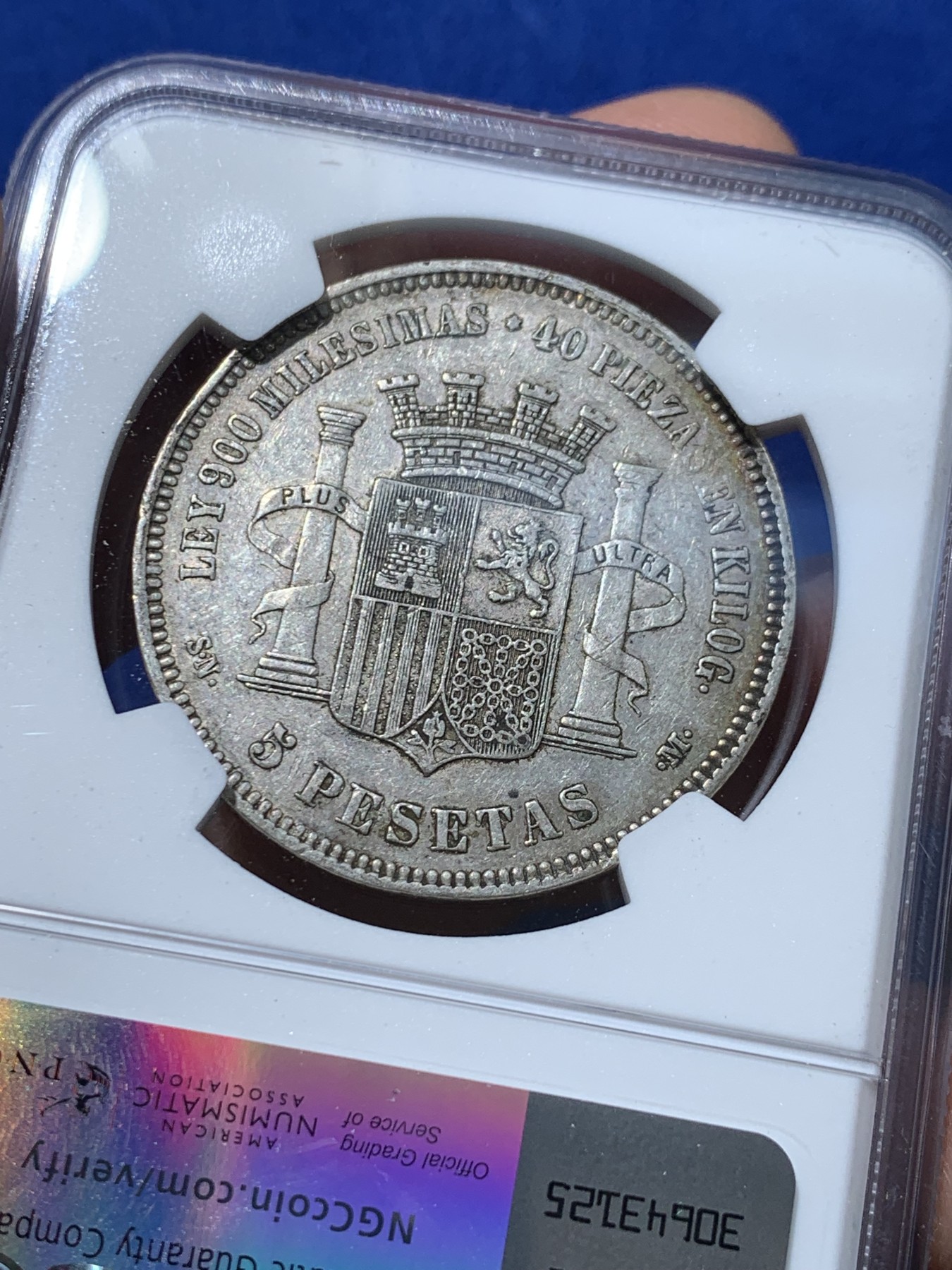 《竞宝斋》第238场-周日，周一，周二，周三 疯狂4连拍 (全场包邮) NGC XF40 西班牙1870年拿花5比塞塔双柱大银币