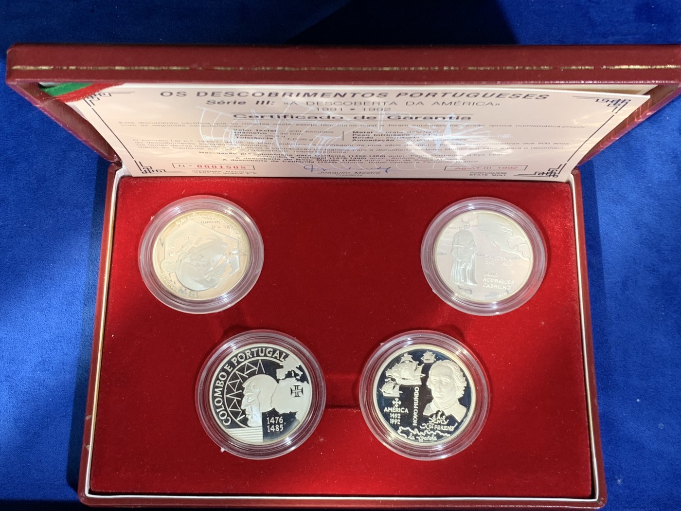 《竞宝斋》第238场-周日，周一，周二，周三 疯狂4连拍 (全场包邮) 原盒证书 葡萄牙1992年 发现新大陆帆船系列 200埃斯库多 精制大银币 单枚26.5克 4枚总重106克 925银