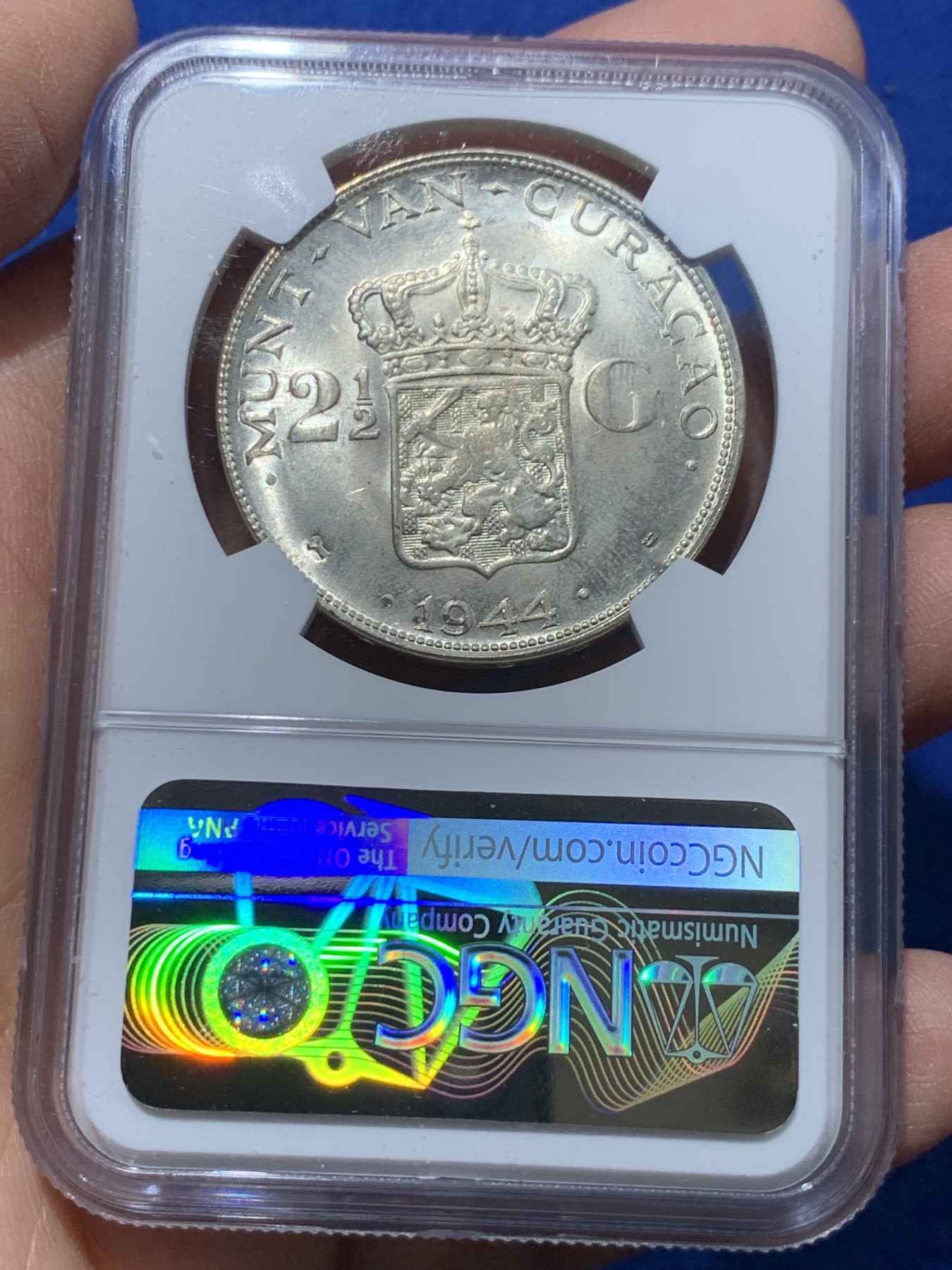 《竞宝斋》第238场-周日，周一，周二，周三 疯狂4连拍 (全场包邮) NGC MS63 荷属库拉索1944D女王威廉明娜2.5盾大银币