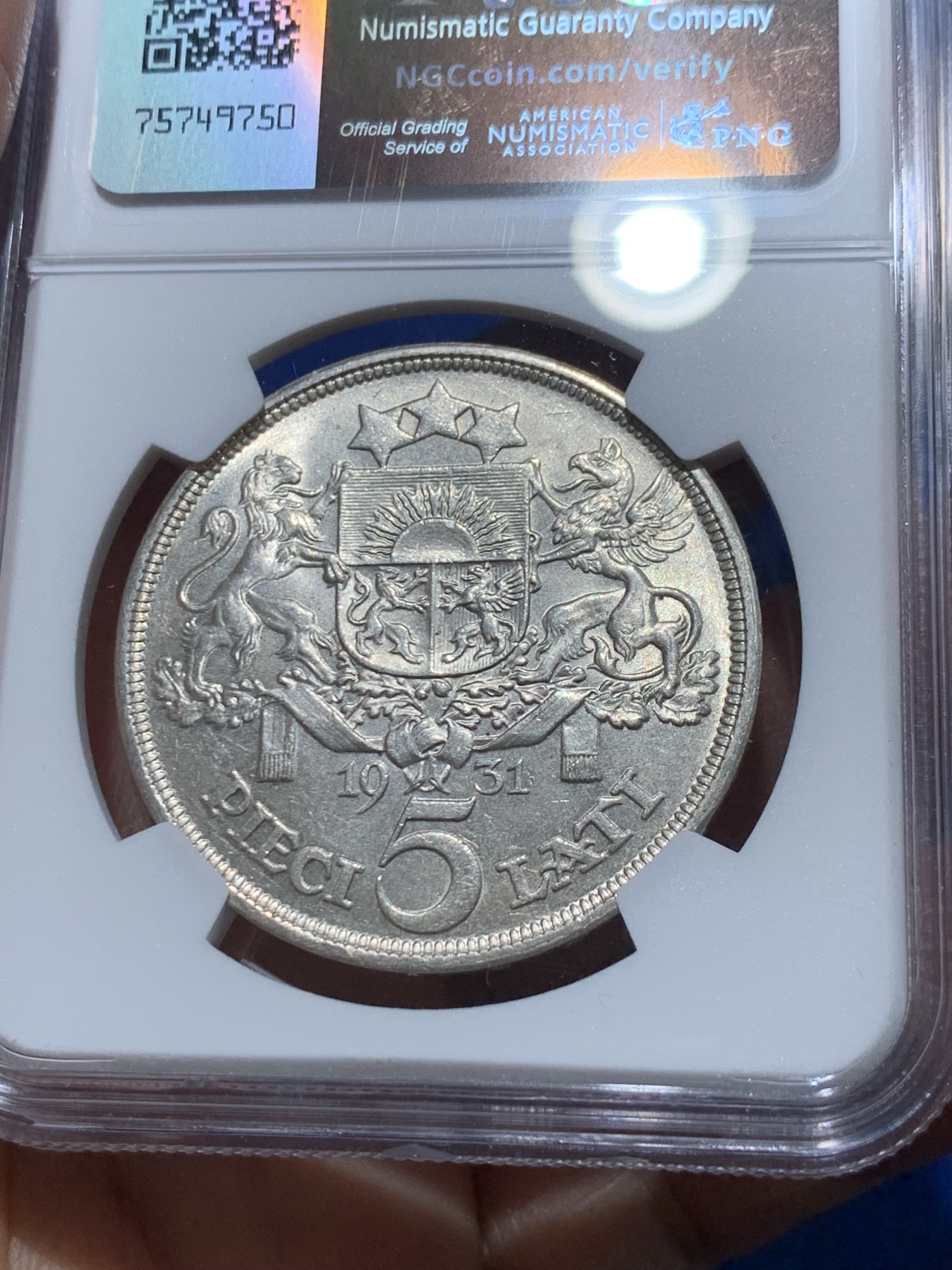 《竞宝斋》第238场-周日，周一，周二，周三 疯狂4连拍 (全场包邮) NGC MS62 拉脱维亚 1931年 谷物女神 5拉特大银币