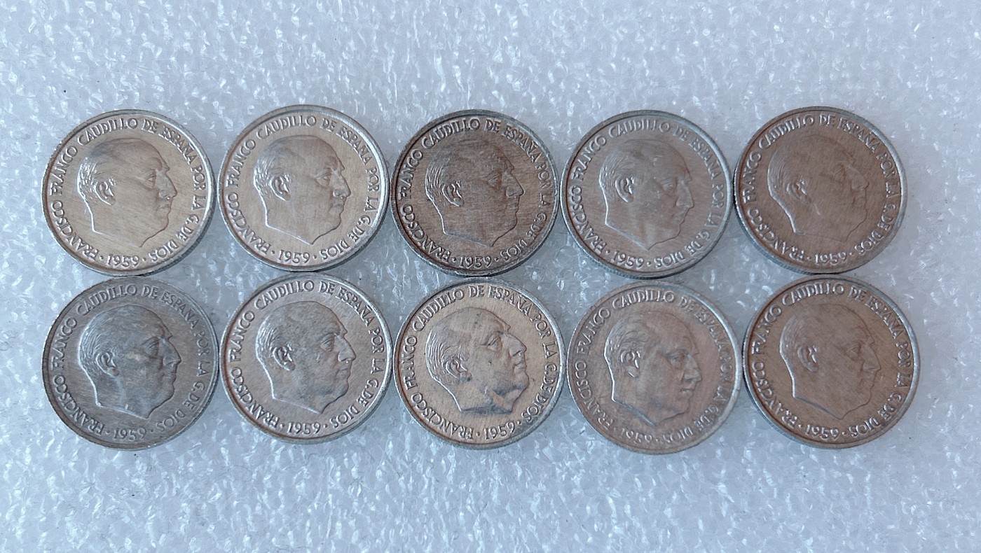 第一海外回流一元起拍收藏 本月最后一期 第61期 西班牙1959年佛朗哥10分铝币 10枚