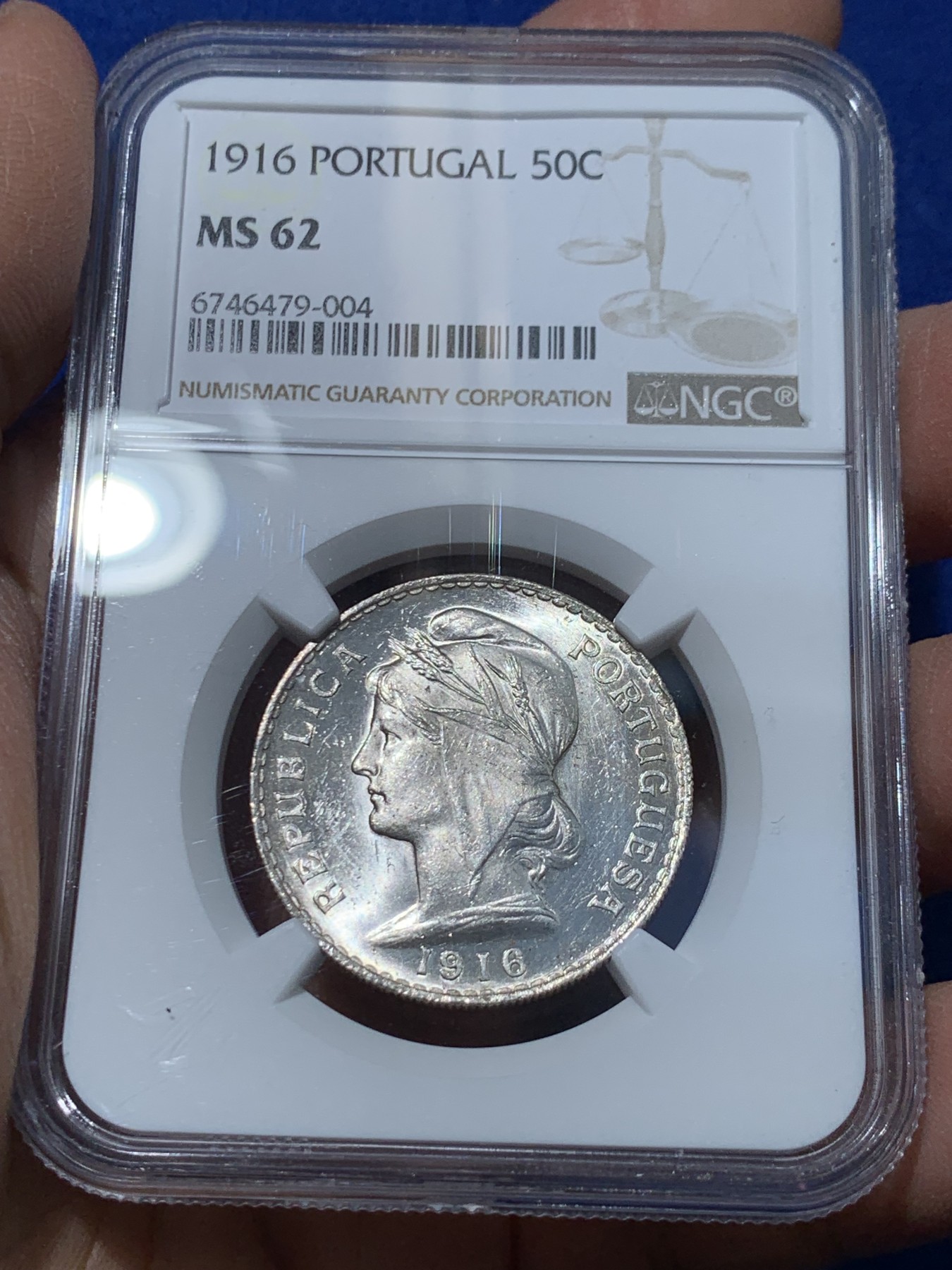 《竞宝斋》第238场-周日，周一，周二，周三 疯狂4连拍 (全场包邮) NGC MS62 葡萄牙1916年自由女神半圆银币