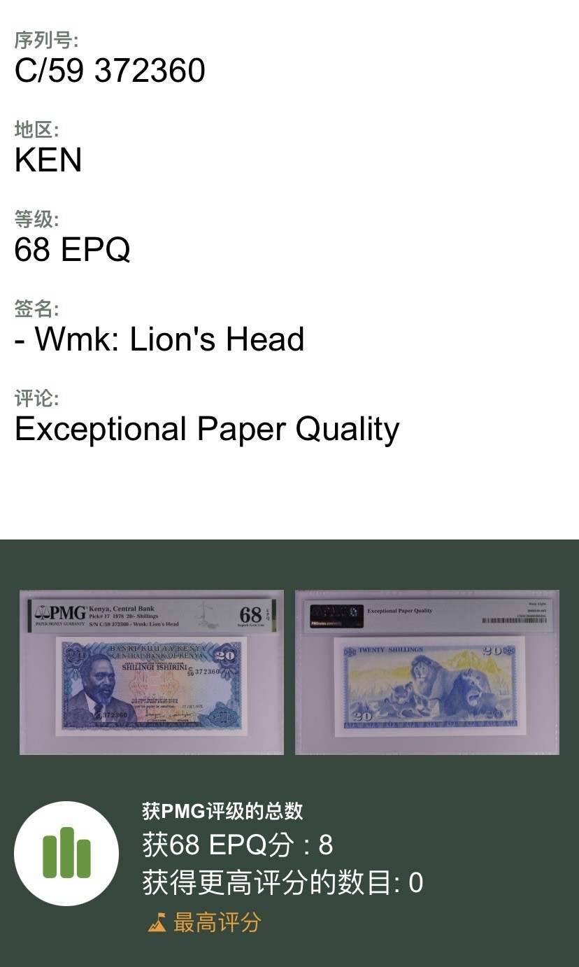 收藏联盟Quantum Auction 第320期拍卖  肯尼亚1978年20先令 PMG68 号码无4 冠军分
