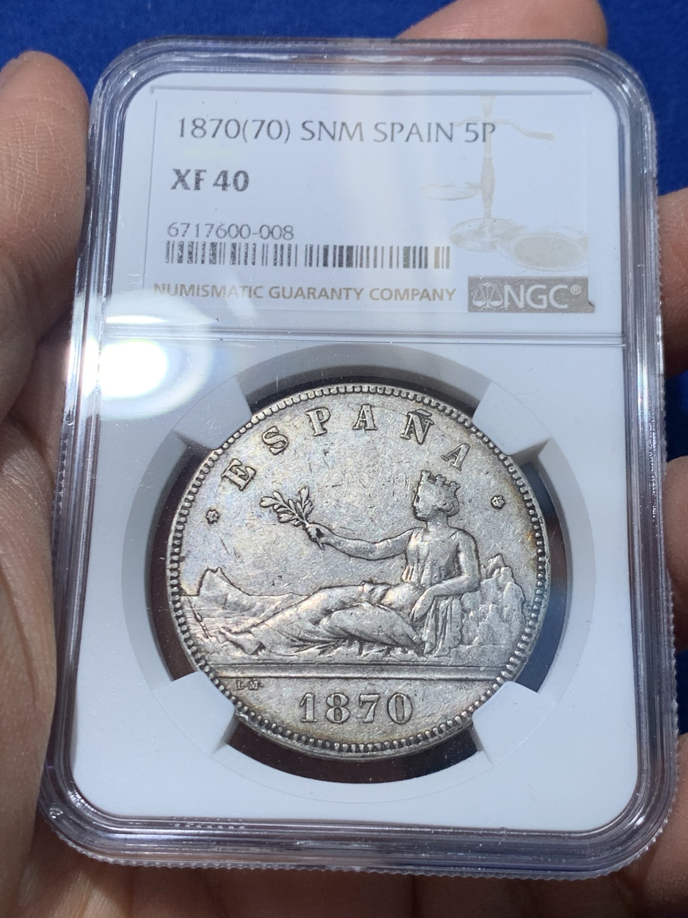 《竞宝斋》第238场-周日，周一，周二，周三 疯狂4连拍 (全场包邮) NGC XF40 西班牙1870年拿花5比塞塔双柱大银币