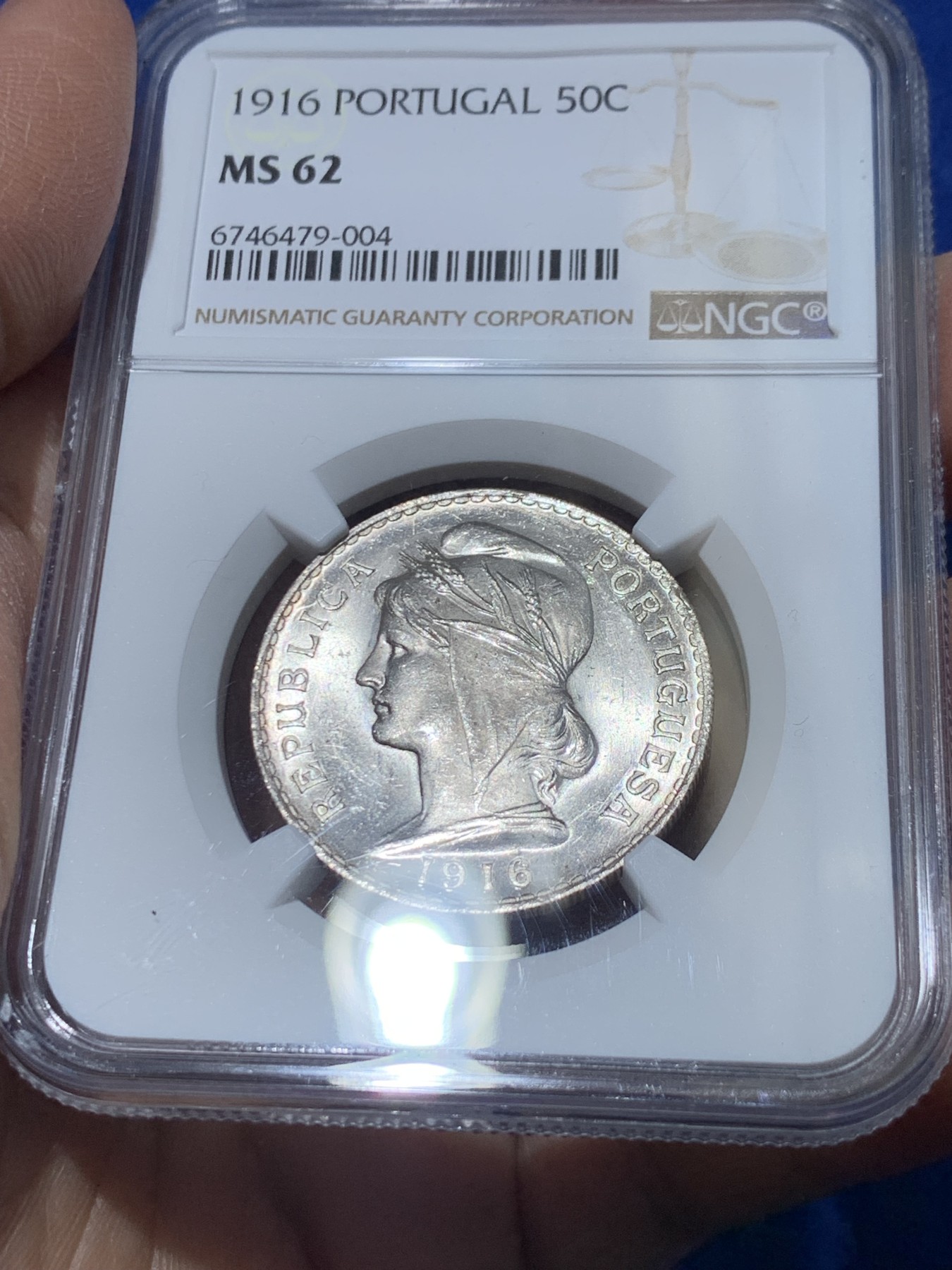 《竞宝斋》第238场-周日，周一，周二，周三 疯狂4连拍 (全场包邮) NGC MS62 葡萄牙1916年自由女神半圆银币