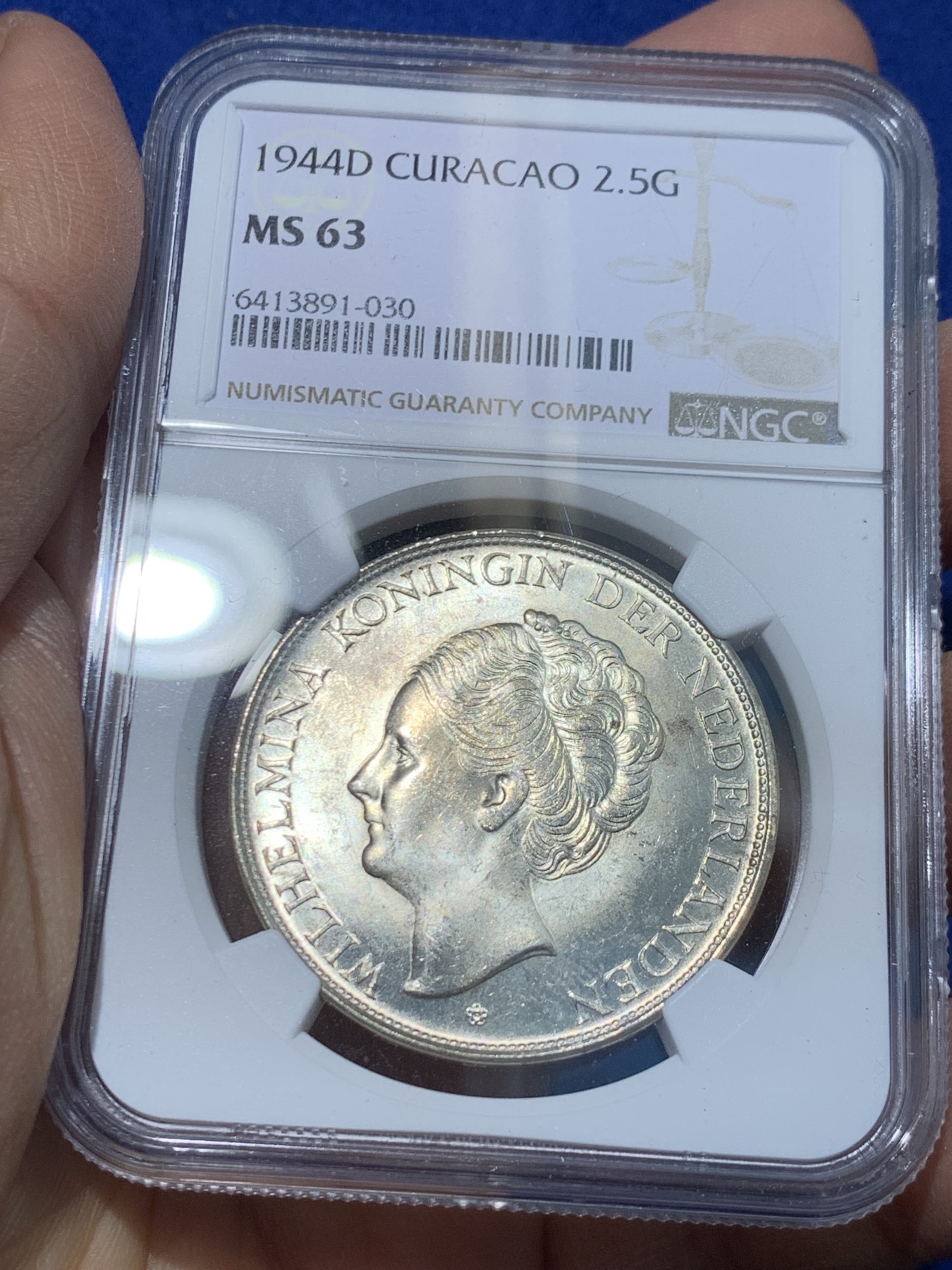 《竞宝斋》第238场-周日，周一，周二，周三 疯狂4连拍 (全场包邮) NGC MS63 荷属库拉索1944D女王威廉明娜2.5盾大银币