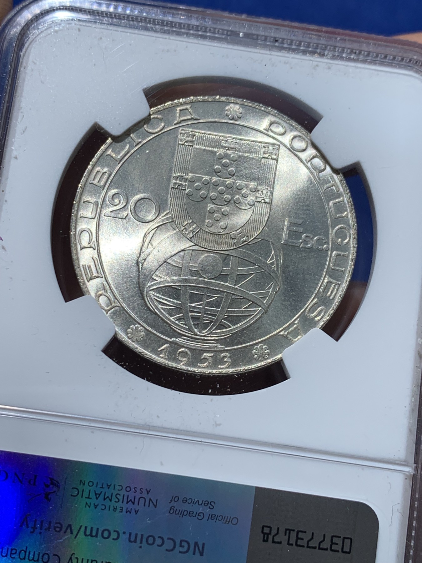 《竞宝斋》第238场-周日，周一，周二，周三 疯狂4连拍 (全场包邮) NGC MS65 葡萄牙1953年金融改革制度25周年20埃斯库多大银币