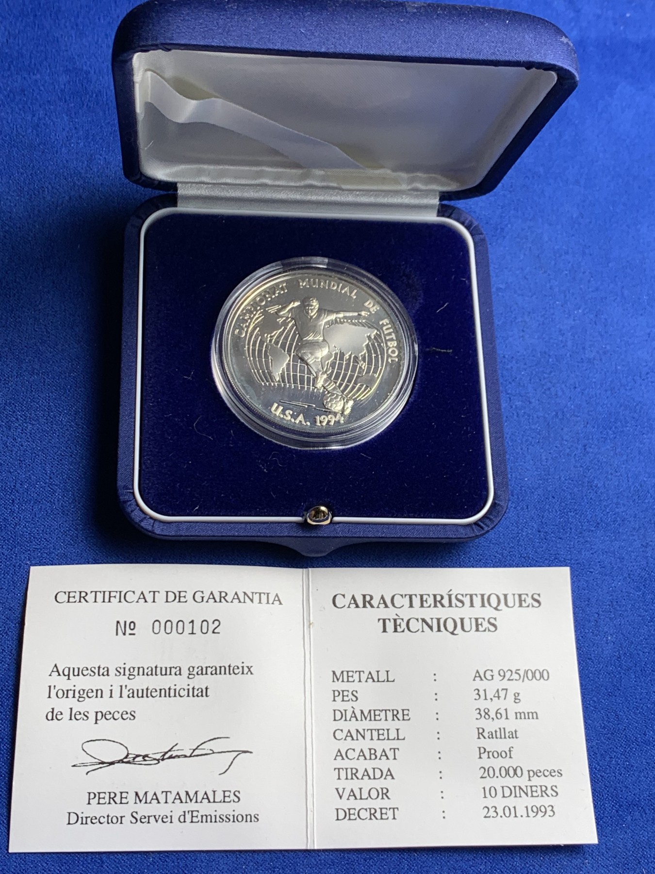 《竞宝斋》第238场-周日，周一，周二，周三 疯狂4连拍 (全场包邮) 安道尔 1993 美国 世界杯 10第纳尔 银币 31.1克 925银