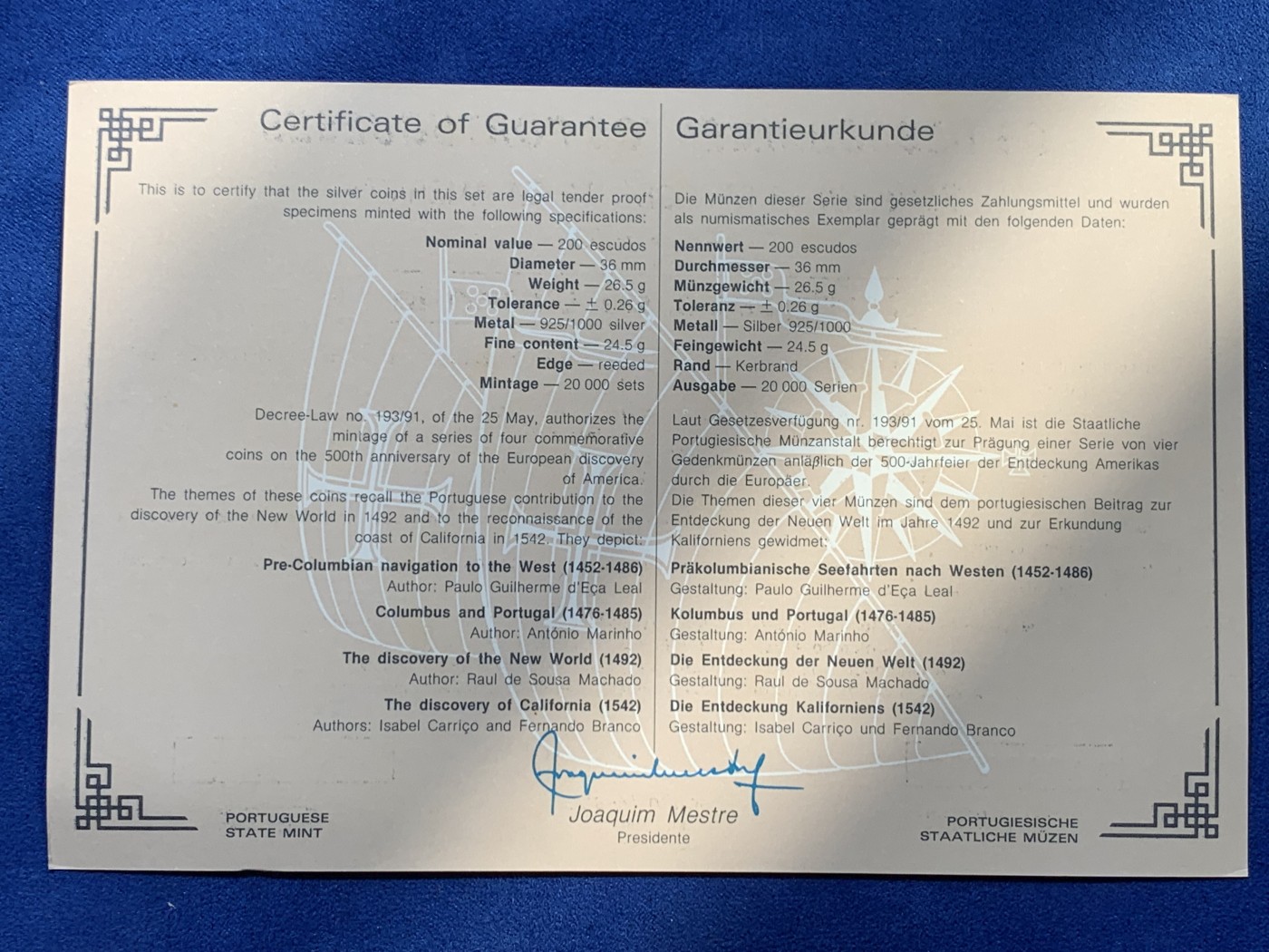 《竞宝斋》第238场-周日，周一，周二，周三 疯狂4连拍 (全场包邮) 原盒证书 葡萄牙1992年 发现新大陆帆船系列 200埃斯库多 精制大银币 单枚26.5克 4枚总重106克 925银