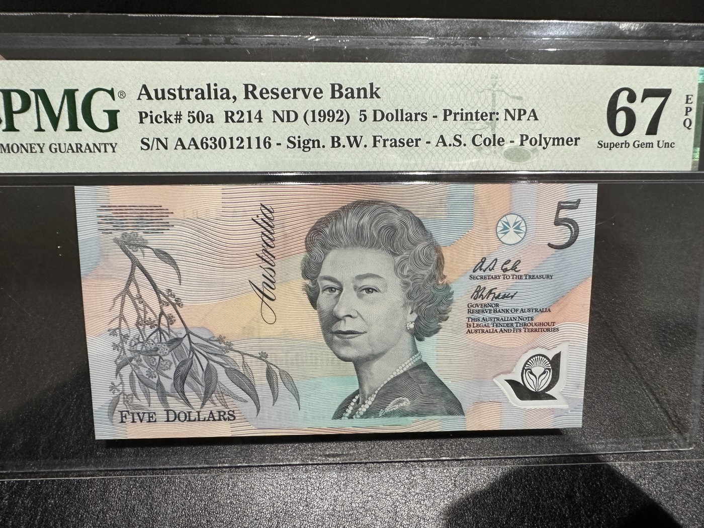 《外钞收藏家》第三百三十五期（连拍第二场） 1992年澳大利亚5元 无47 PMG67 首发AA冠