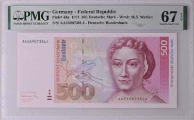 《张总收藏》136期-节前外币高货场 - 德国1991年500马克首发AA冠PMG67E高分 乱龙号3456789 更高分仅8张 名誉品梅里安 德国自然主义学者 昆虫专家和画家