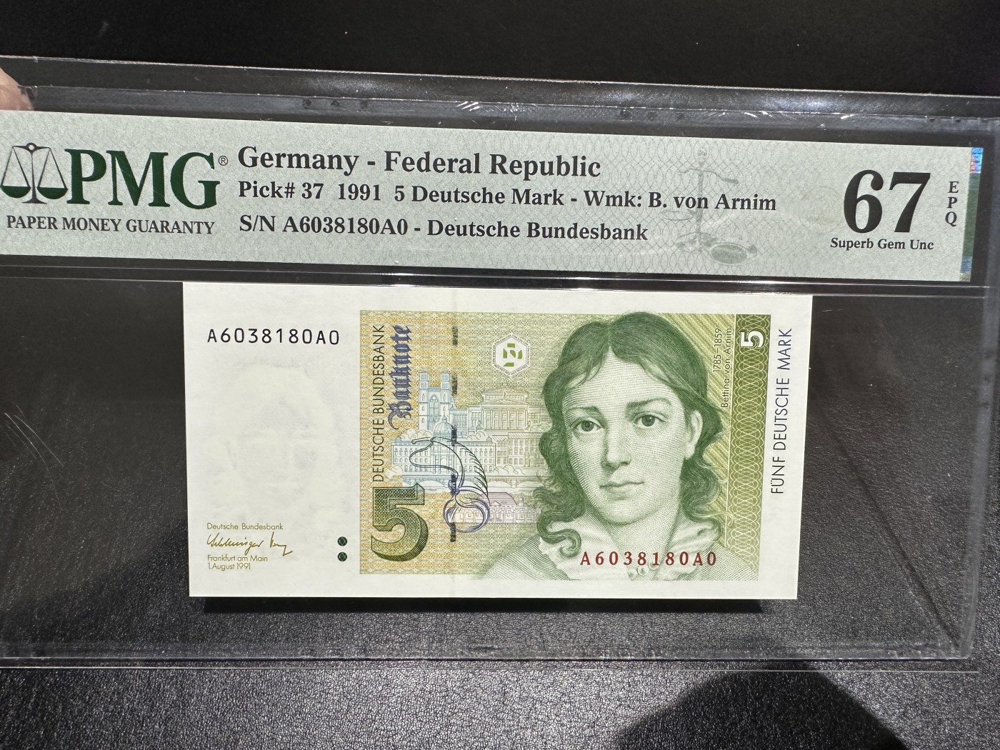 《外钞收藏家》第三百三十五期（连拍第二场） 1991年德国5马克 无47 PMG67 AA冠