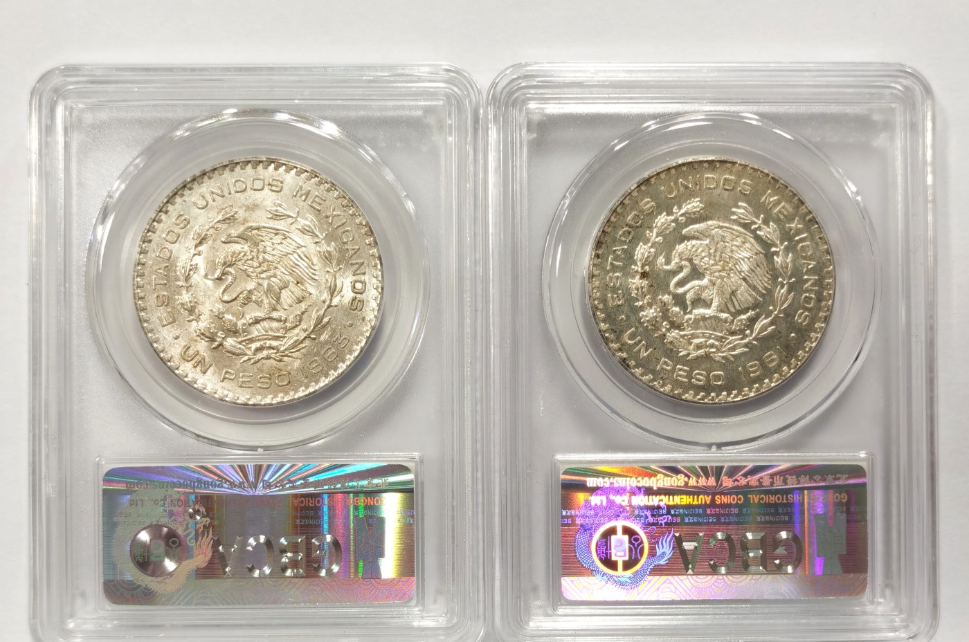 博洋堂世界钱币拍卖第151期（全场包邮） 公博 MS67 墨西哥1961、1963年1比索银币2枚一对